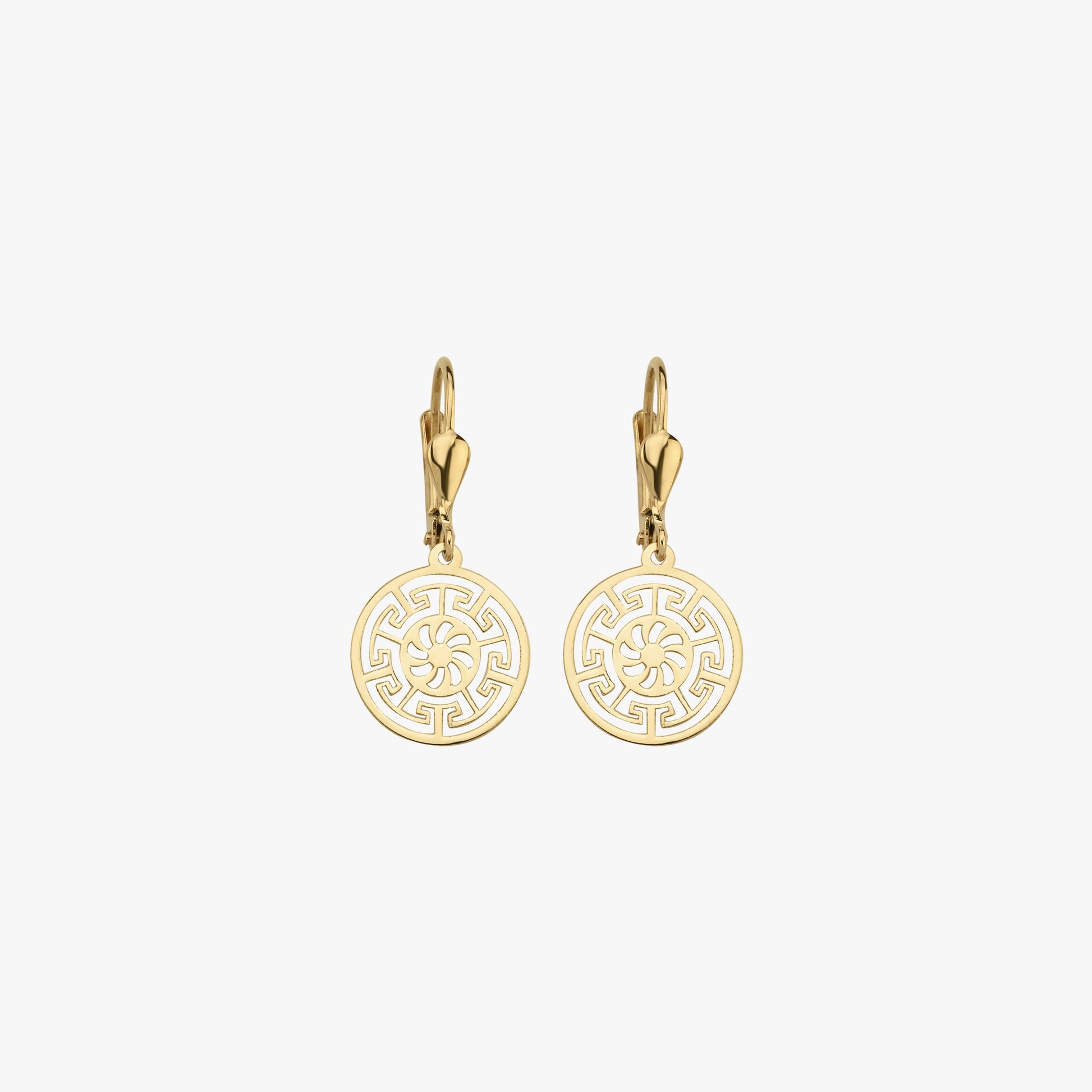 Greek Key Leverback Earrings | 14K Solid Gold - Mionza Jewelry-14K gold earrings, 14K Solid Gold, ancient greek, dangle earrings, earlobe earrings, geometric jewelry, gold dangle earring, gold hoop earrings, greek earrings, Greek Key Earrings, leverback earrings, medallion earrings, minimalist earrings