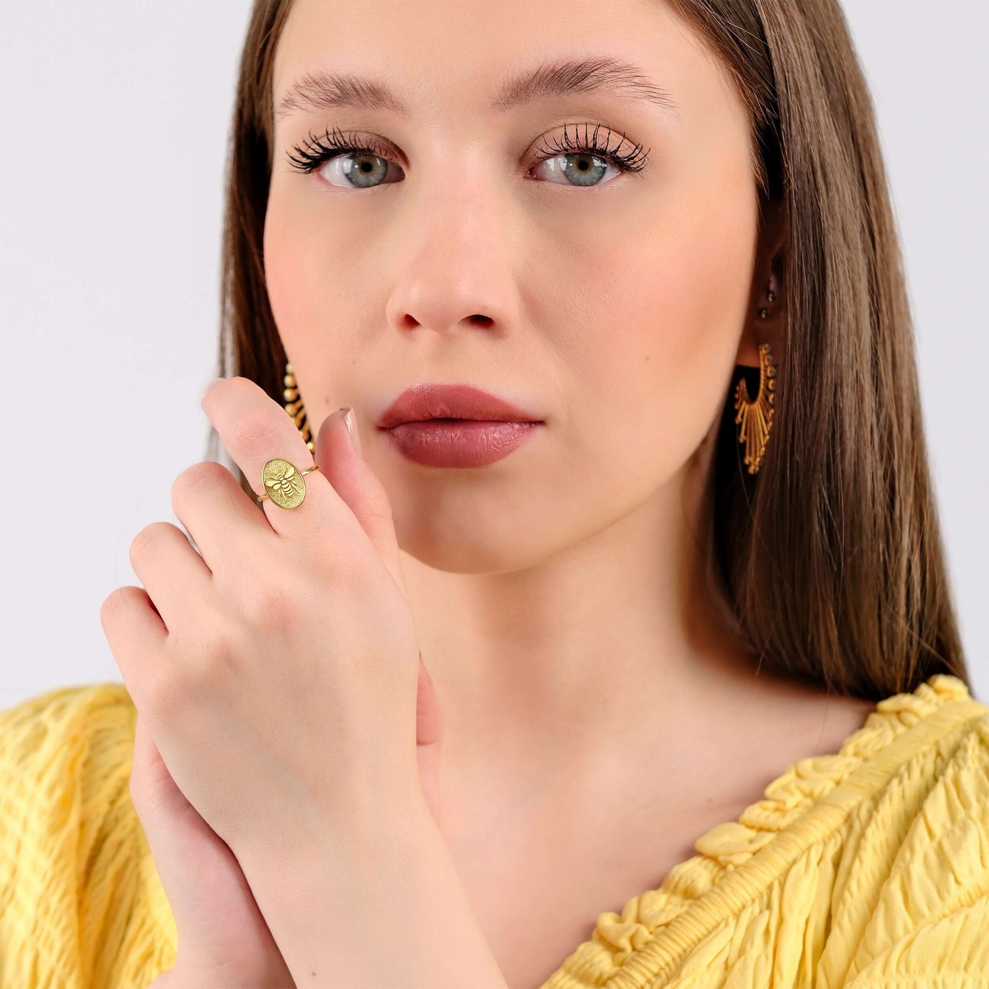 Bee Ring | 14K Gold Vermeil - Mionza Jewelry-14k gold vermeil, animal jewelry rings, bee jewelry, bee ring for women, bee ring gold, bumblebee jewelry, gift for her, gold bee ring, gold signet ring, honey bee jewelry, jewellery with bees, mothers day gift, open ring