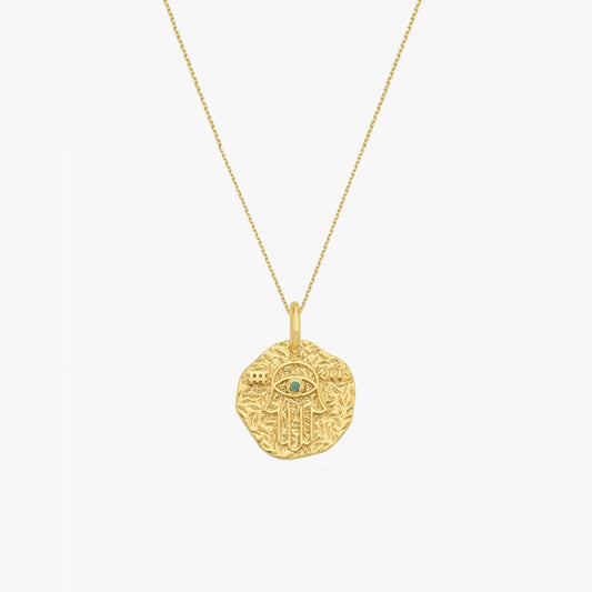 Coin Hamsa Necklace | 14K Gold Vermeil - Mionza Jewelry-coin jewelry, evil eye necklace, gift for grandma, Gift for Mothers Day, gold coin necklace, gold hamsa hand, gold hamsa necklace, hamsa charm, hamsa evil eye, hamsa hand pendant, hamsa jewelry, hansa hand silver, medallion necklace