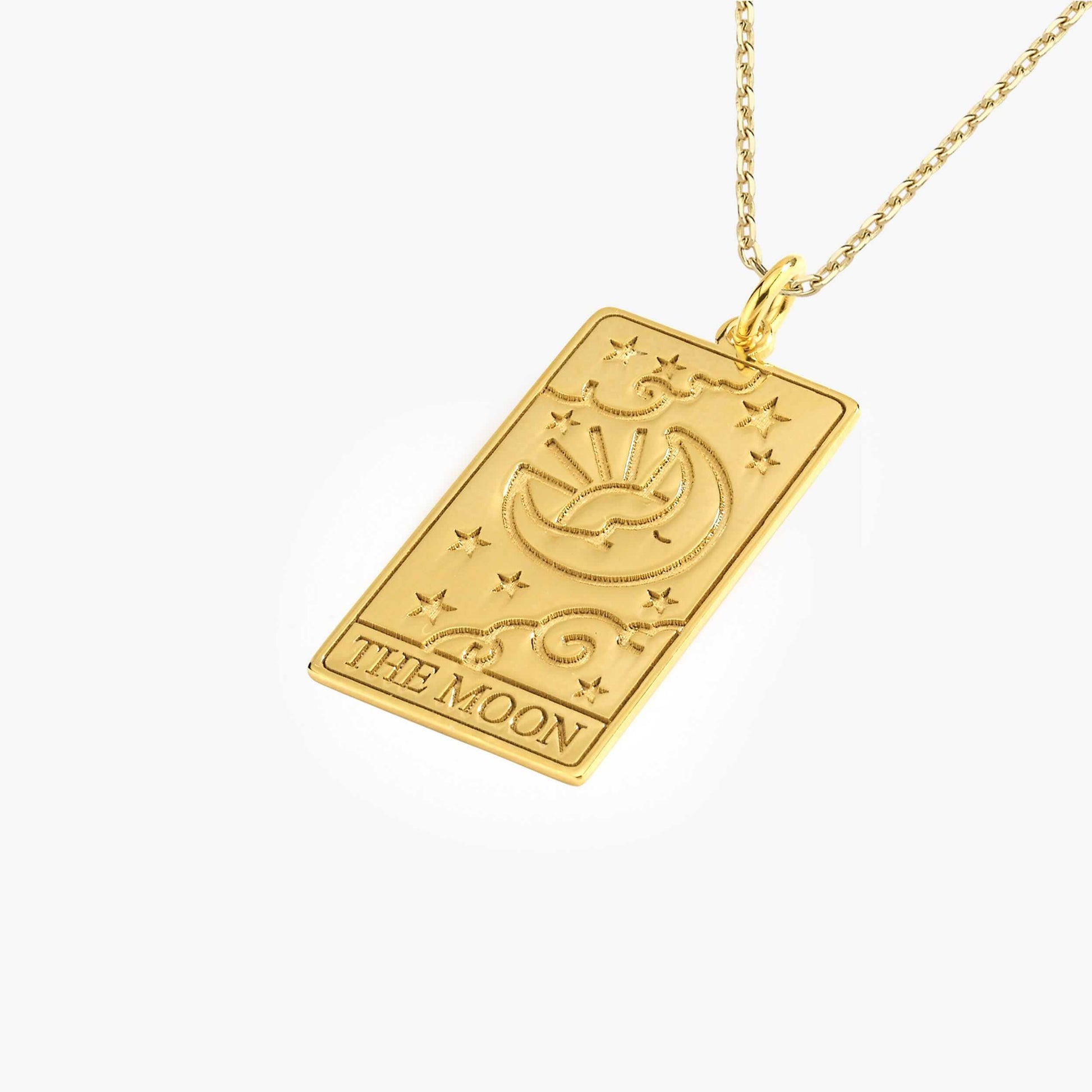 Tarot Card Necklace the Moon | 14K Gold Vermeil - Mionza Jewelry-celestial necklace, Gift for Mom, moon jewelry, moon star necklace, moon star pendant, moon tarot card, mothers day gift, sun moon necklace, tarot card gold, tarot card pendant, tarot cards, tarot jewelry, tarot necklace