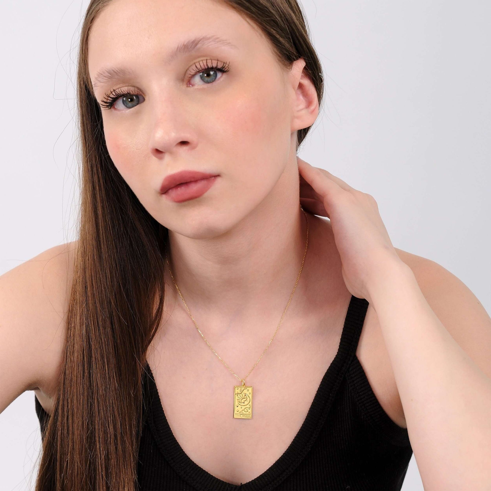 Tarot Card Necklace the Moon | 14K Gold Vermeil - Mionza Jewelry-celestial necklace, Gift for Mom, moon jewelry, moon star necklace, moon star pendant, moon tarot card, mothers day gift, sun moon necklace, tarot card gold, tarot card pendant, tarot cards, tarot jewelry, tarot necklace