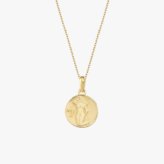 Virgo Zodiac Necklace | 14K Solid Gold - Mionza Jewelry-aries necklace, astrology necklace, birthstone necklace, celestial necklace, Gift for Mom, gold coin necklace, gold disc necklace, mothers day gift, scorpio necklace, virgo gifts, virgo necklace, zodiac necklace, zodiac sign necklace