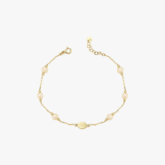 Miraculous Medal Bracelet with Real Pearl | 14K Solid Gold - Mionza Jewelry-beaded bracelet, catholic medal, faith bracelet, fashion bracelet, freshwater chain, gemstone bracelet, madonna medal, miraculous bracelet, mother mary, pearl bracelet, pearl jewelry, religious medal, spiritual jewelry