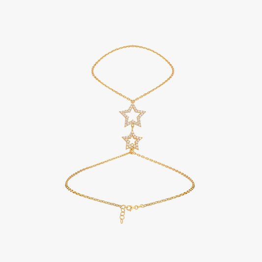Hand Chain Bracelet with Stars| 18K Gold Vermeil - Mionza Jewelry-18k solid gold, adjustable bracelet, body chain, chain bracelet, finger bracelet, gold hand chain, hand bracelet, hand chain, hand jewelry, mothers day gift, ring bracelet, slave bracelet, star bracelet