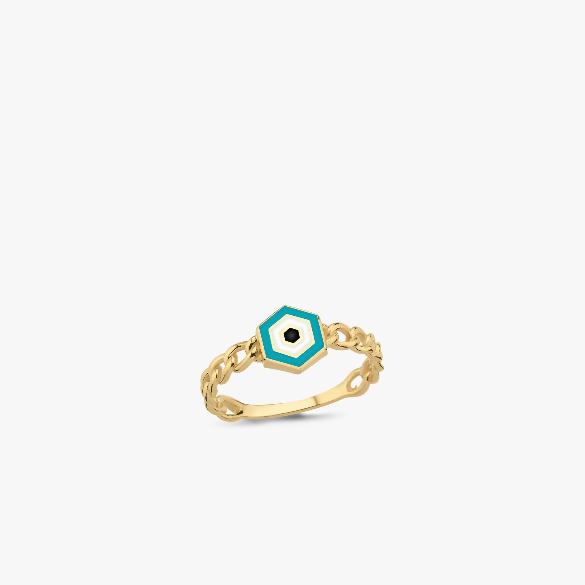Evil Eye Chain Ring | 14K Solid Gold - Mionza Jewelry-14k gold eye ring, adjustable ring, birthday gift, blue evil eye ring, curb chain ring, evil eye gift, evil eye jewelry, evil eye ring gold, evil eye ring women, eye ring, gold chain ring, turkish evil eye, turkish eye ring