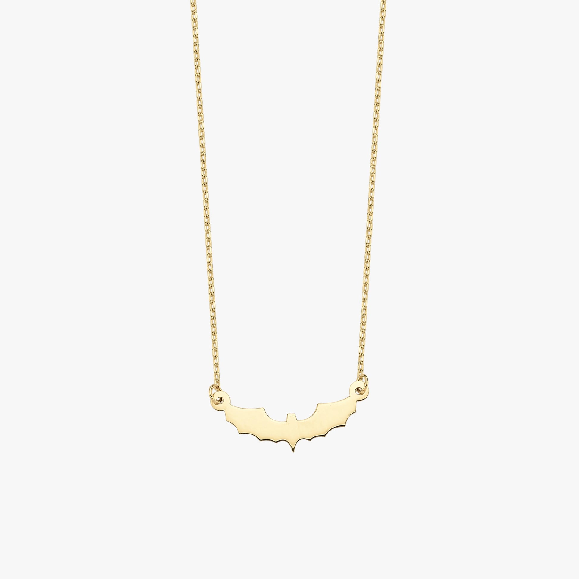Bat Necklace | 14K Solid Gold or Gold Plated Options - Mionza Jewelry-bat jewelry, bat necklace, bat wings necklace, goth necklace, halloween jewelry, halloween necklace, haloween gifts, quirky jewelry, silver bat necklace, spooky necklace, trick or treat, vampire bat pendant, vampire necklace