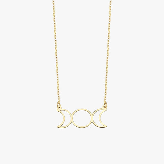 Triple Moon Goddess Necklace | 14K Solid Gold - Mionza Jewelry-gift for her, gothic necklace, moon necklace, moon phase necklace, moonstone necklace, pentagram necklace, silver moon necklace, triple moon goddess, wiccan jewelry, witch necklace, witchy necklace