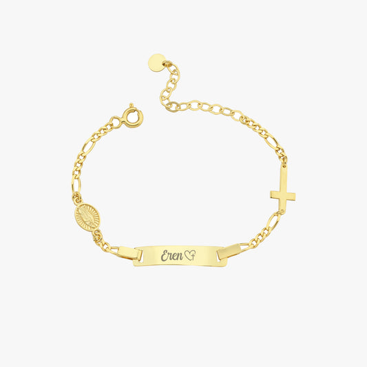 Gold baby bracelet with nameplate and cross on a white background