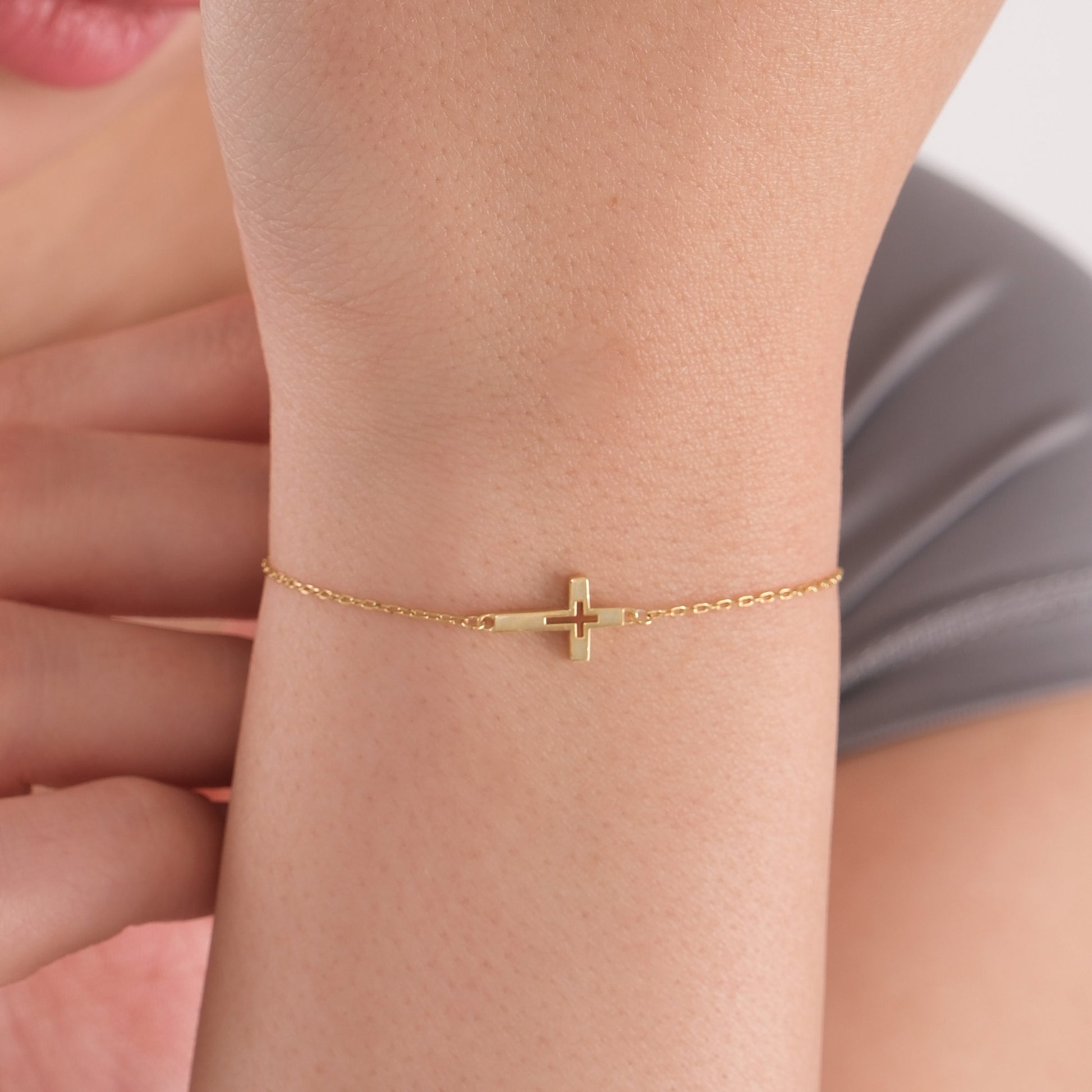 Christian Sideways Cross Bracelet | 14K Solid Gold