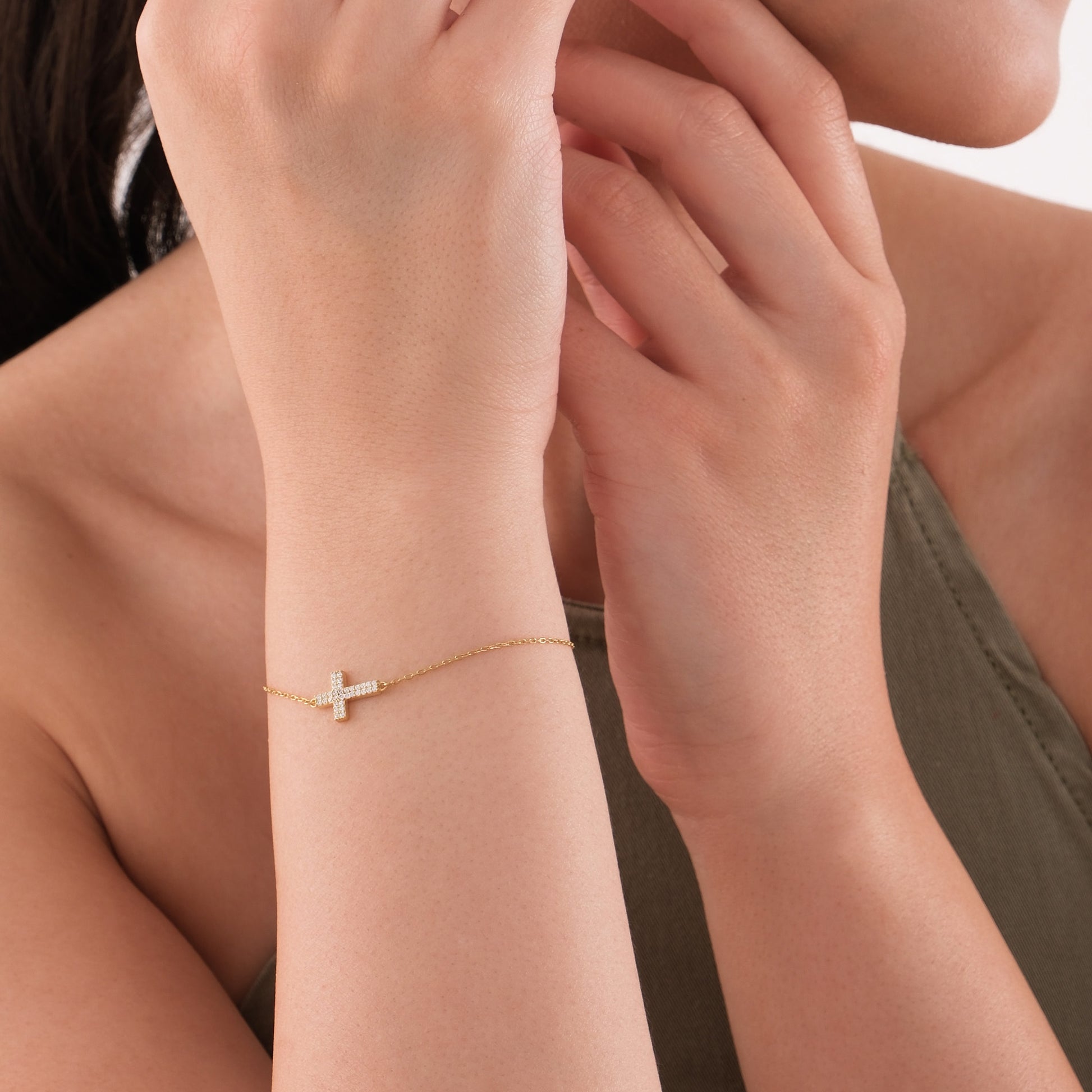 Sideways Cross Bracelet | 14K Solid Gold