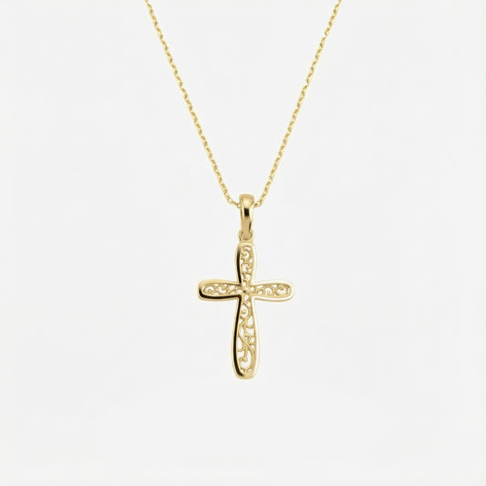 Floral Cross Necklace | 14K Solid Gold