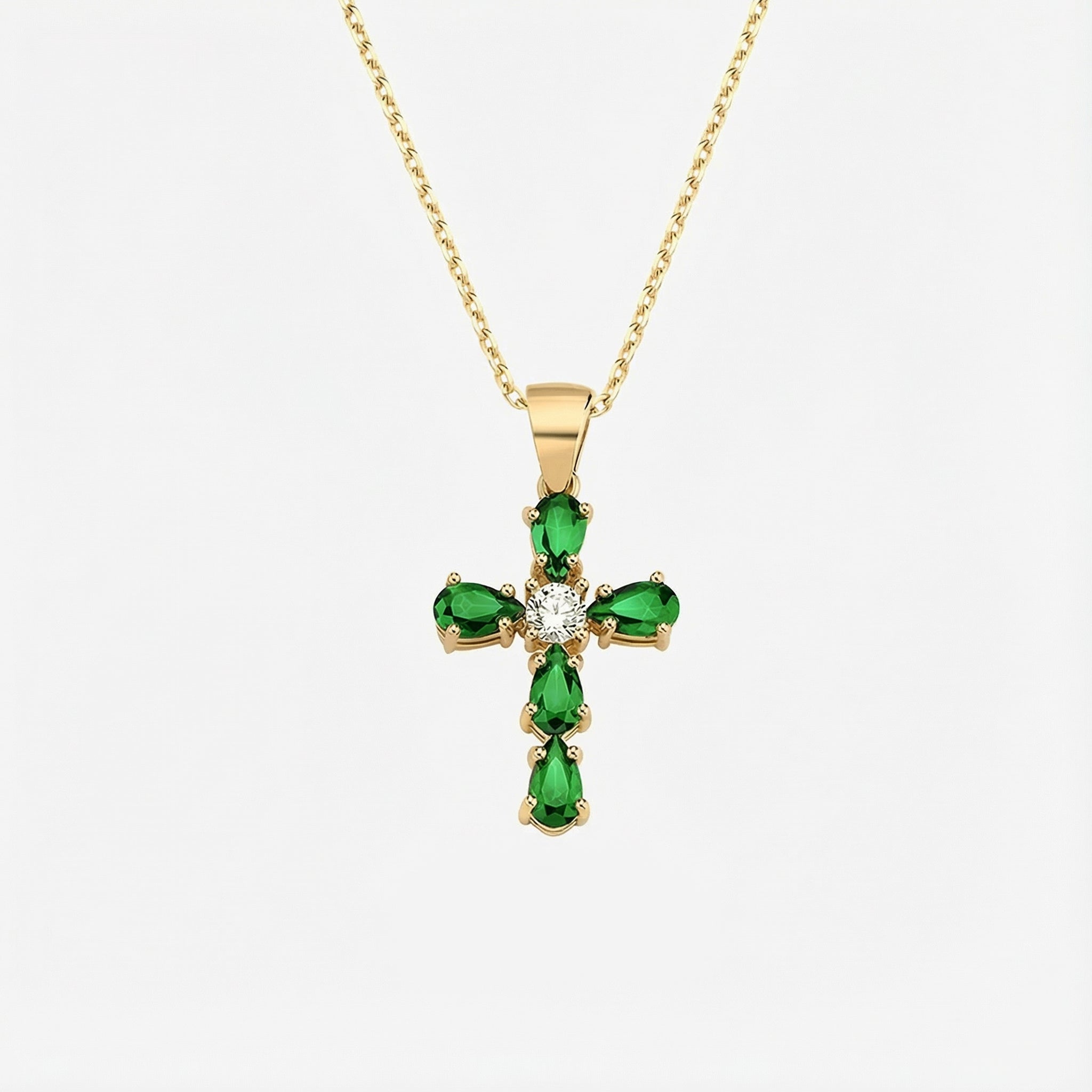 グリーン ペンダントチャーム　14K 14K Solid Gold Emerald Cross Necklace | MIONZA – Mionza Jewelry