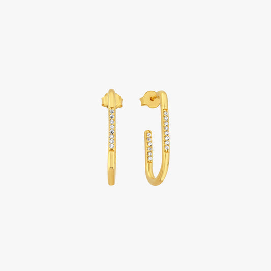 Elegant gold U-shaped hoop earrings featuring sparkling cubic zirconia accents. These modern and sophisticated earrings are crafted with a sleek gold-tone finish, making them a perfect choice for both casual and formal occasions. Designed with a secure push-back closure for comfortable wear.