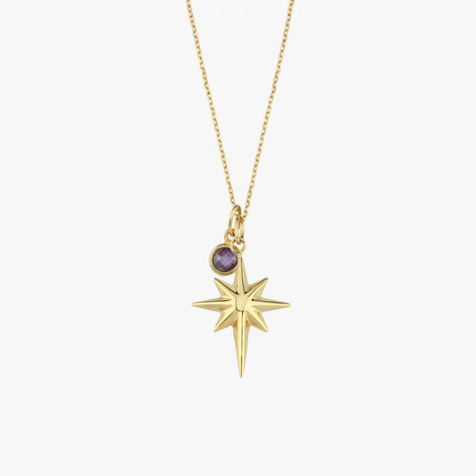 Gold star pendant necklace with purple gemstone charm on delicate chain, elegant jewelry for fashion-forward style.