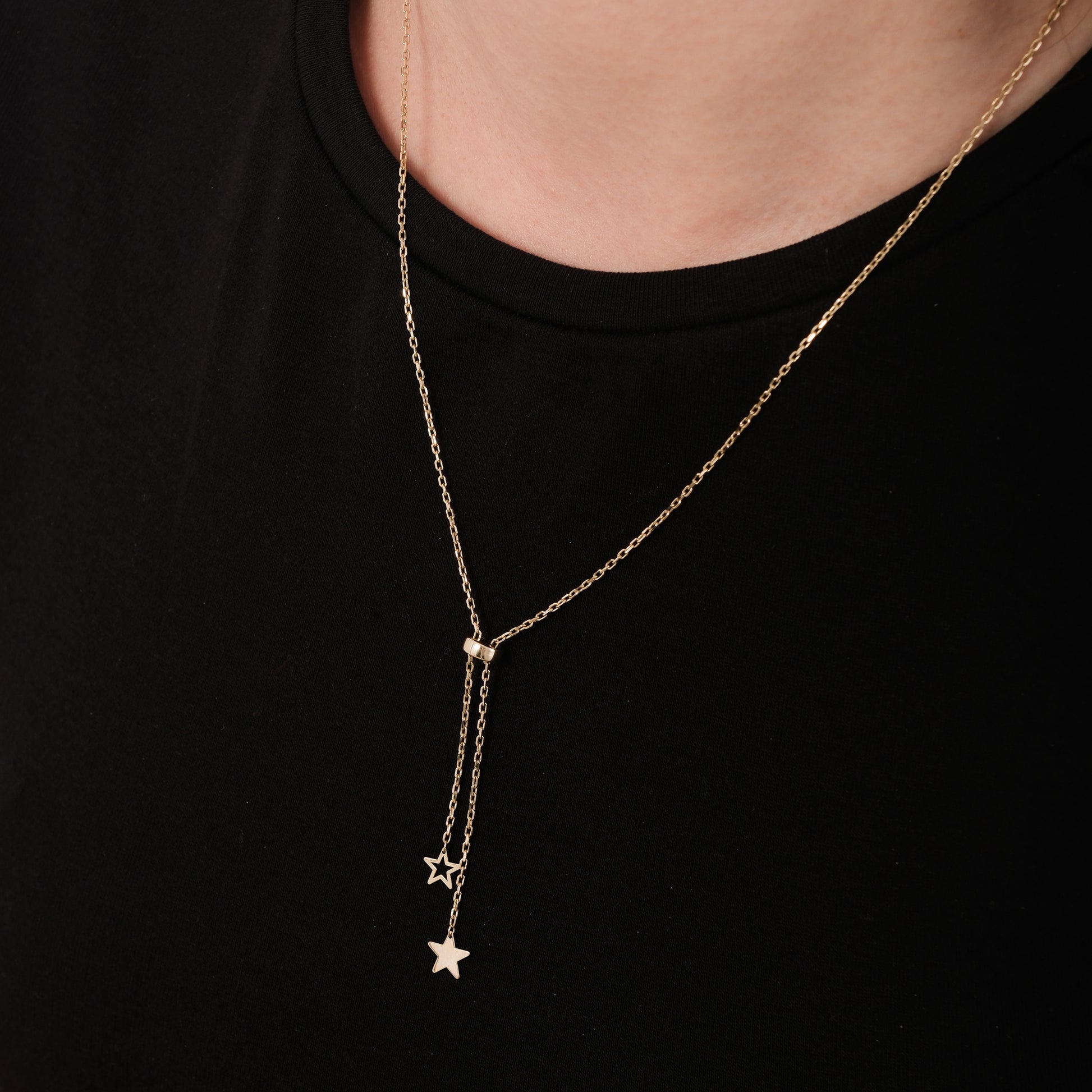 Sliding Star Lariat Necklace | 14K Solid Gold