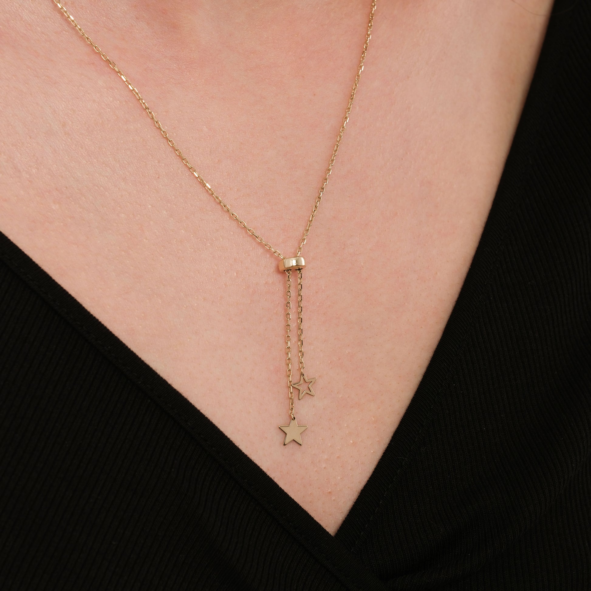 Sliding Star Lariat Necklace | 14K Solid Gold