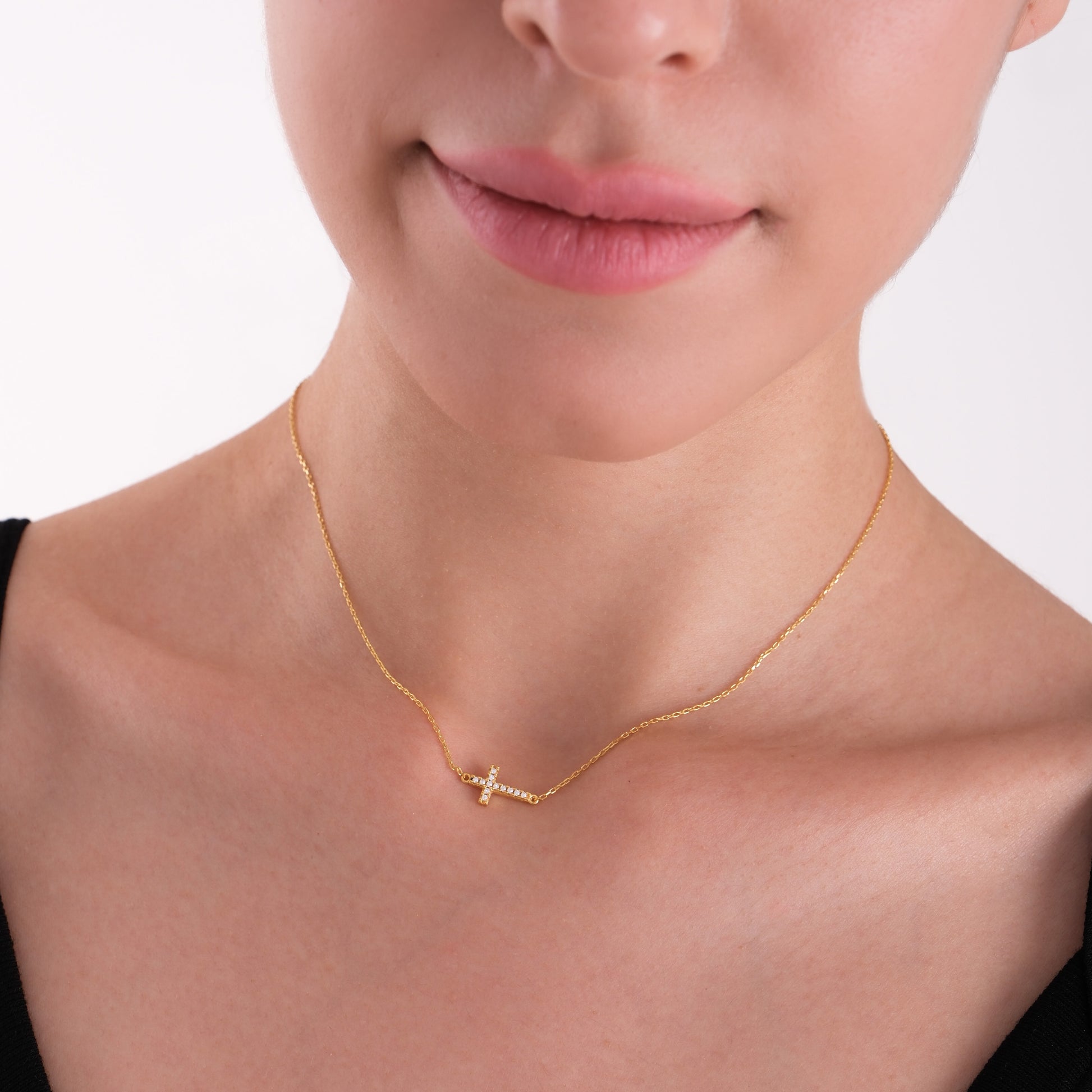 Tiny Sideways Cross Necklace | 14K Gold Plated