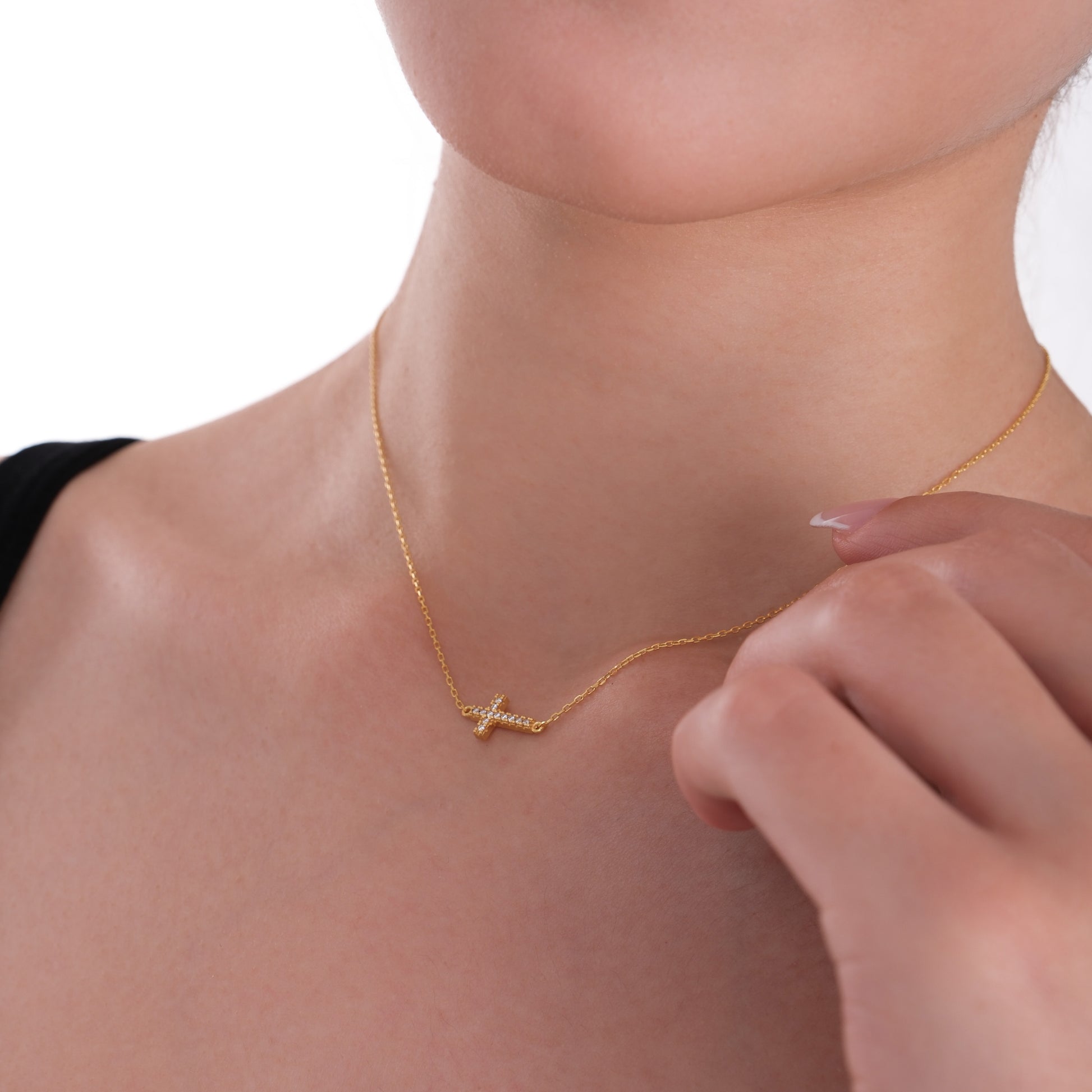 Tiny Sideways Cross Necklace | 14K Gold Plated