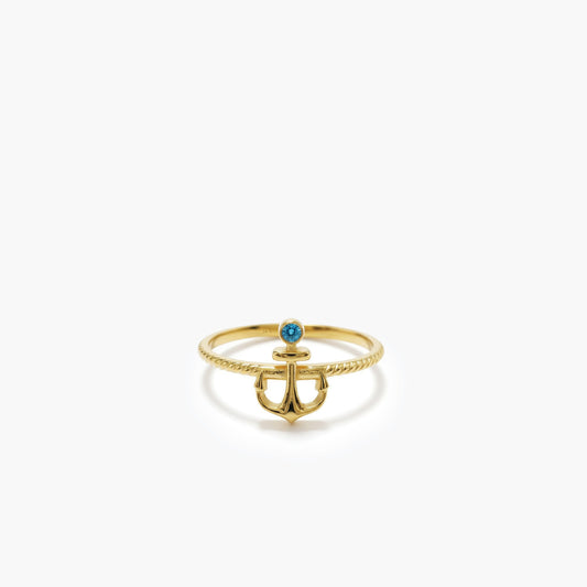 Anchor Ring with Blue Topaz | 14K Solid Gold