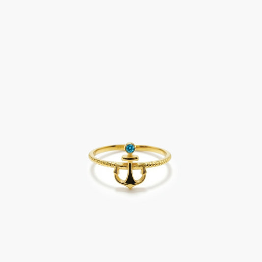 Anchor Ring with Blue Topaz | 14K Solid Gold