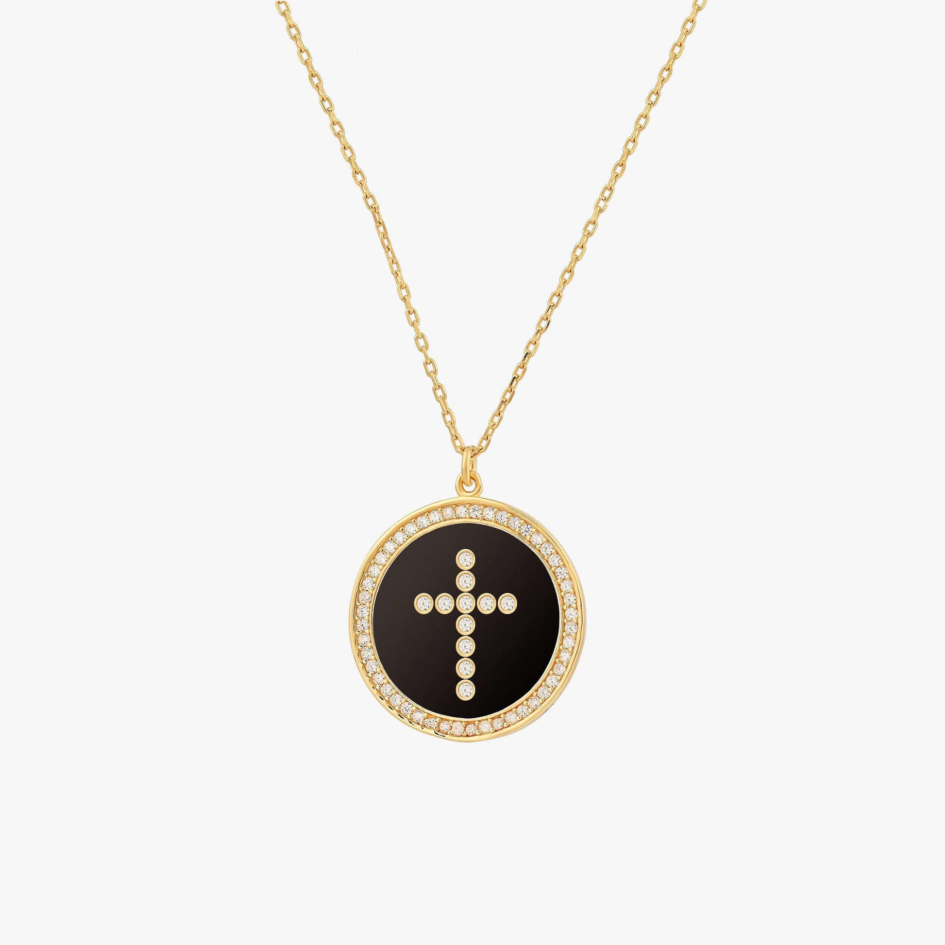 Cross Coin Necklace | 18K Gold Vermeil - Mionza Jewelry-birthday gift, black cross necklace, catholic jewelry, christian jewelry, Christian Gift, coin cross necklace, cross necklace, cross pendant, crucifix necklace, diamond cross, disc cross necklace, faith necklace, small cross necklace