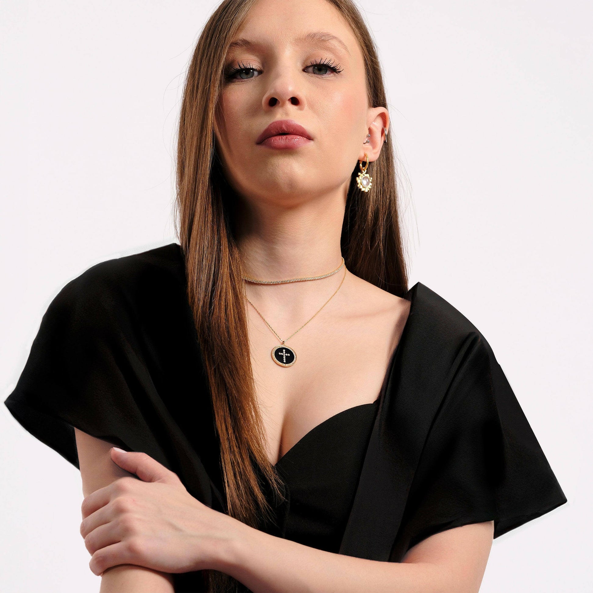 Cross Coin Necklace | 18K Gold Vermeil - Mionza Jewelry-birthday gift, black cross necklace, catholic jewelry, christian jewelry, Christian Gift, coin cross necklace, cross necklace, cross pendant, crucifix necklace, diamond cross, disc cross necklace, faith necklace, small cross necklace
