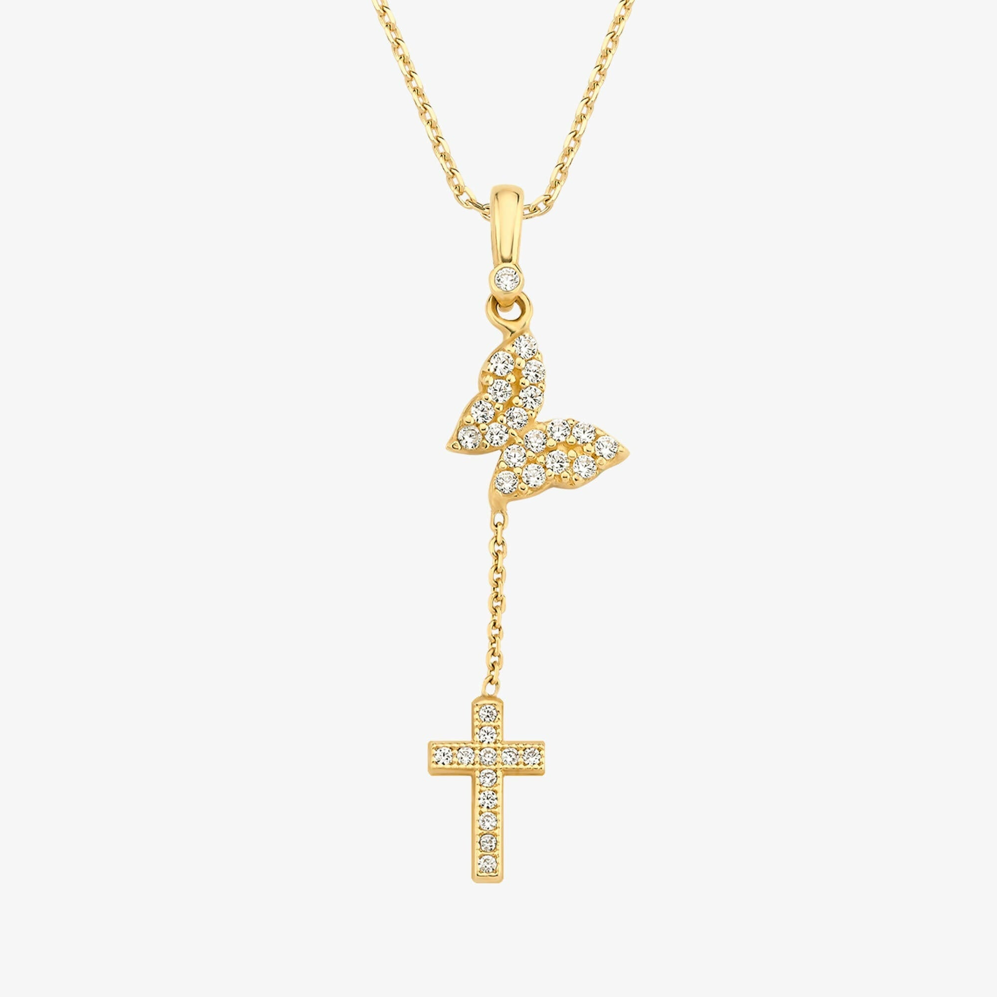 14K Solid Gold Butterfly with Cross Necklace | MIONZA