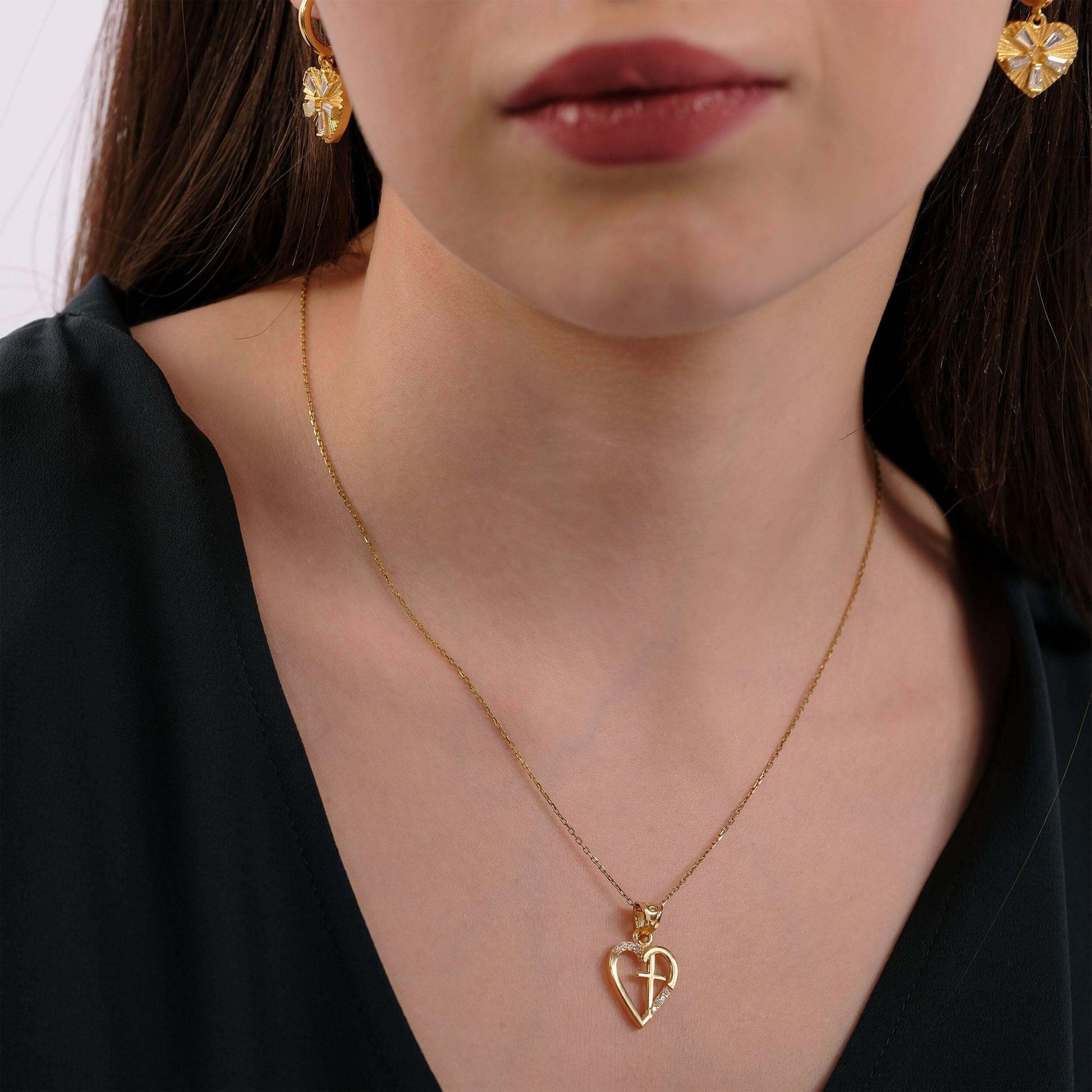 Heart And Cross Necklace | 18K Gold Vermeil - Mionza Jewelry-18k solid gold, Christian Gift, cross necklace, cross pendant, crucifix necklace, gift for her, gold cross necklace, heart jewelry, heart necklace, heart pendant, non tarnish necklace, religious gift, small heart necklace
