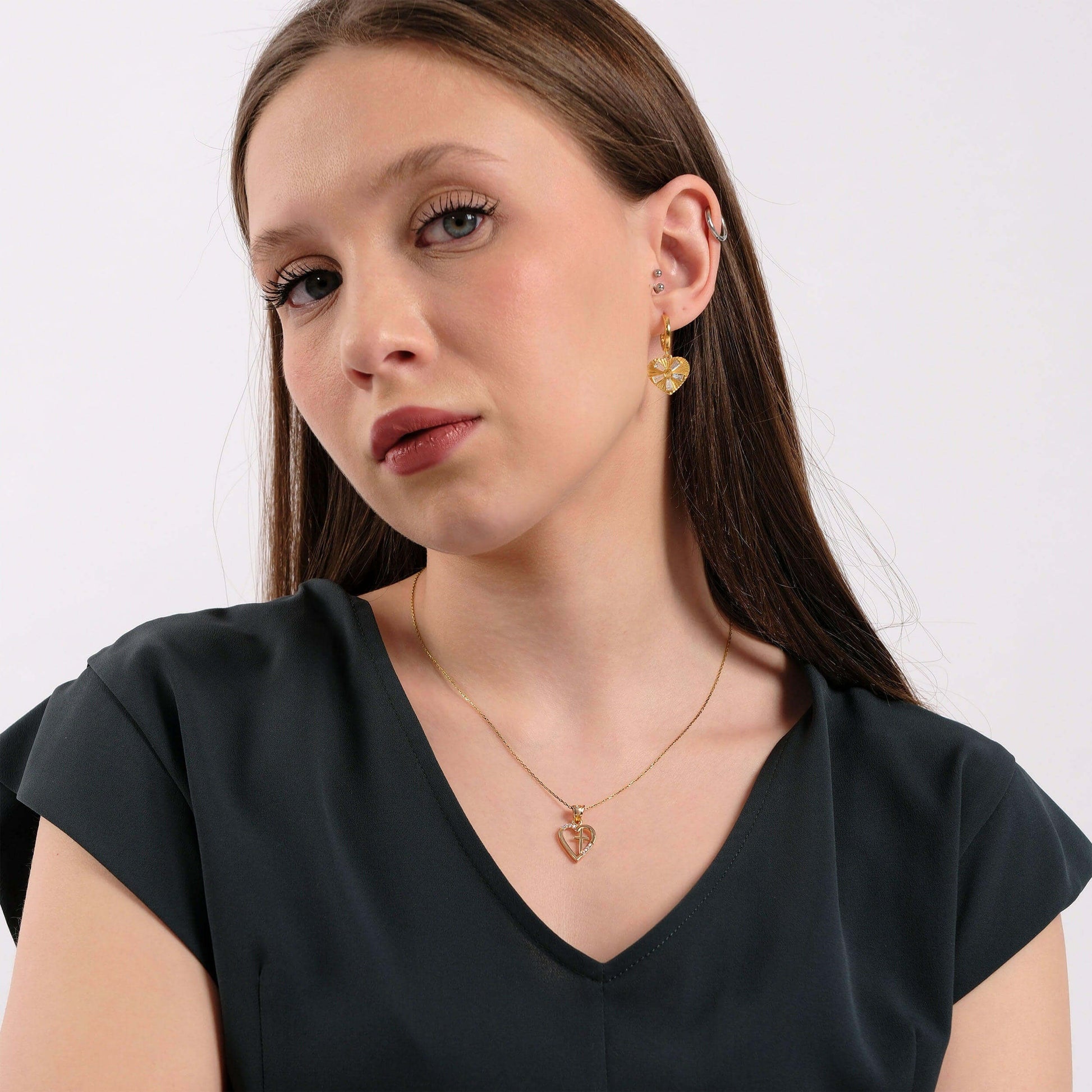 Heart And Cross Necklace | 18K Gold Vermeil - Mionza Jewelry-18k solid gold, Christian Gift, cross necklace, cross pendant, crucifix necklace, gift for her, gold cross necklace, heart jewelry, heart necklace, heart pendant, non tarnish necklace, religious gift, small heart necklace