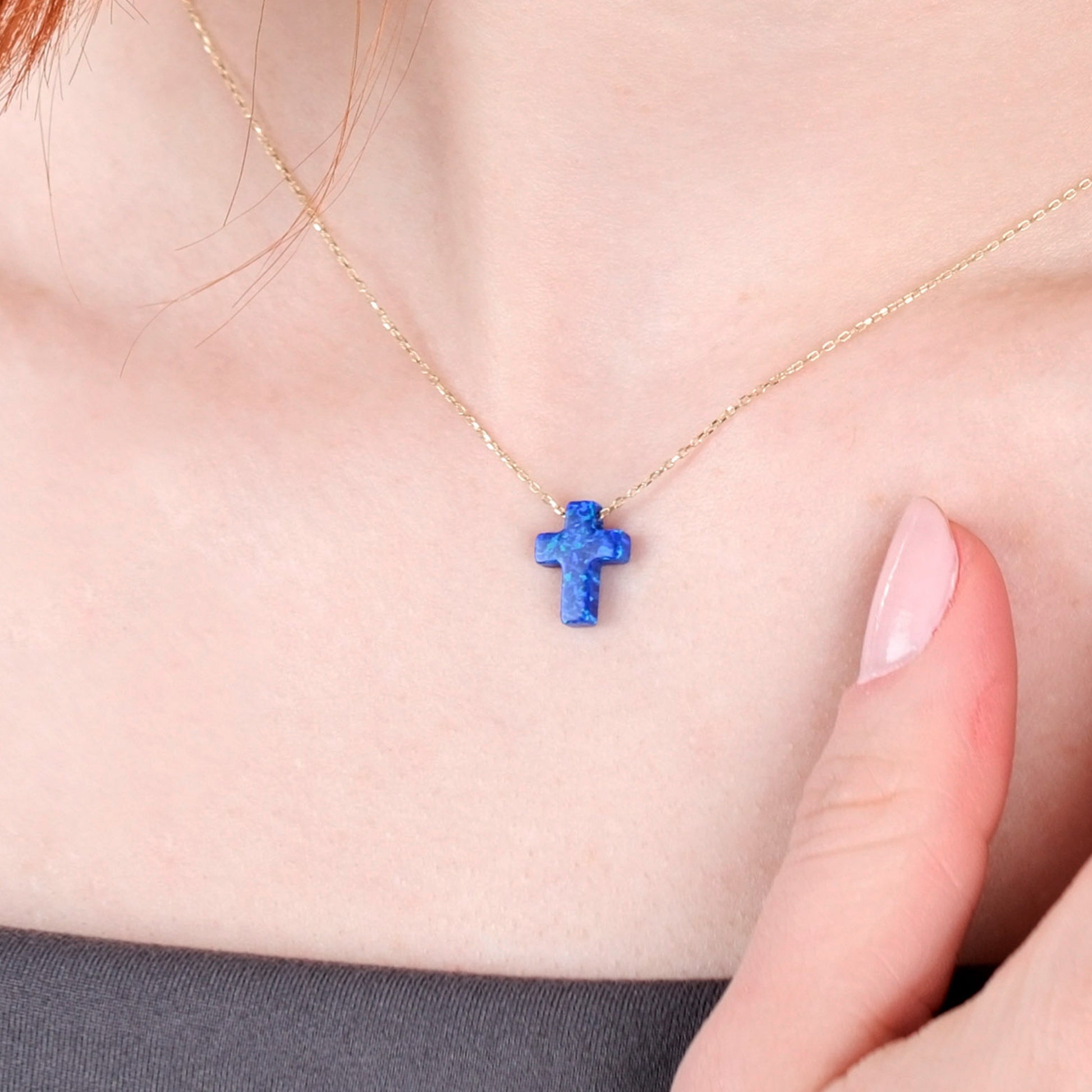 Dark Blue Opal Cross Necklace | 14K Solid Gold