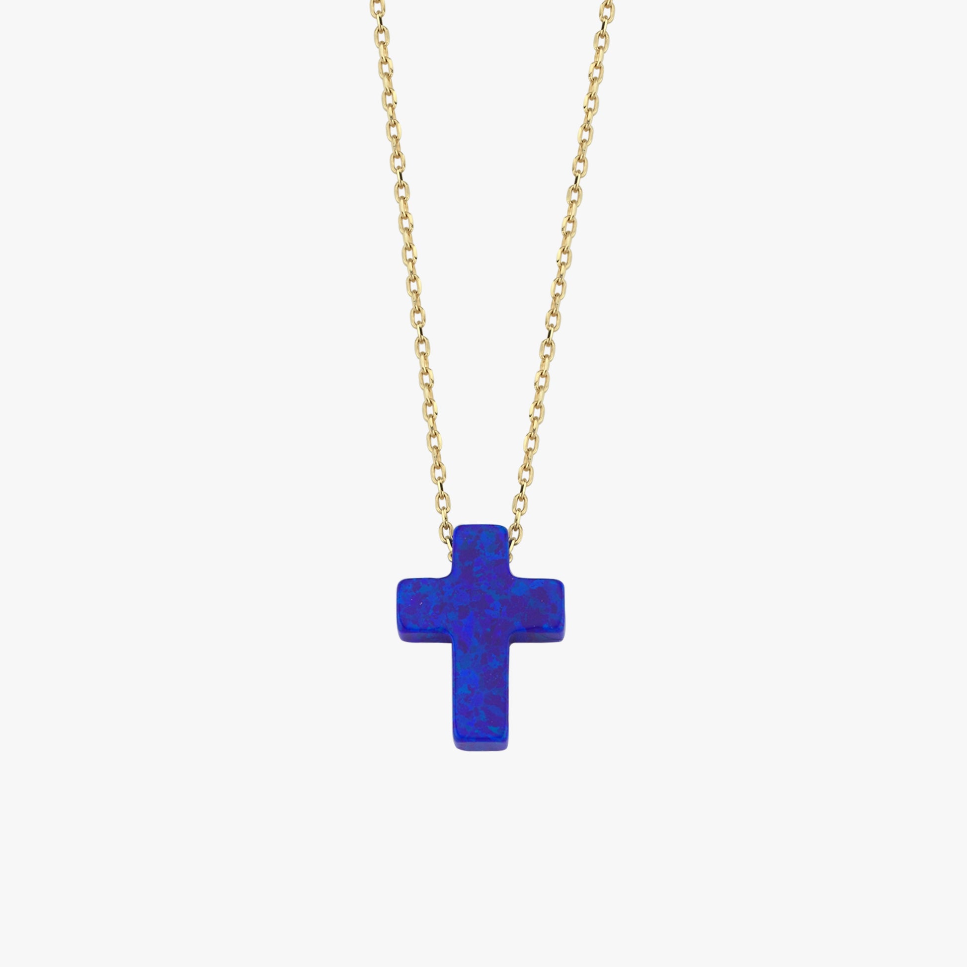Dark Blue Opal Cross Necklace | 14K Solid Gold