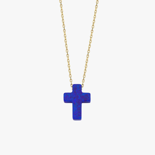 Dark Blue Opal Cross Necklace | 14K Solid Gold
