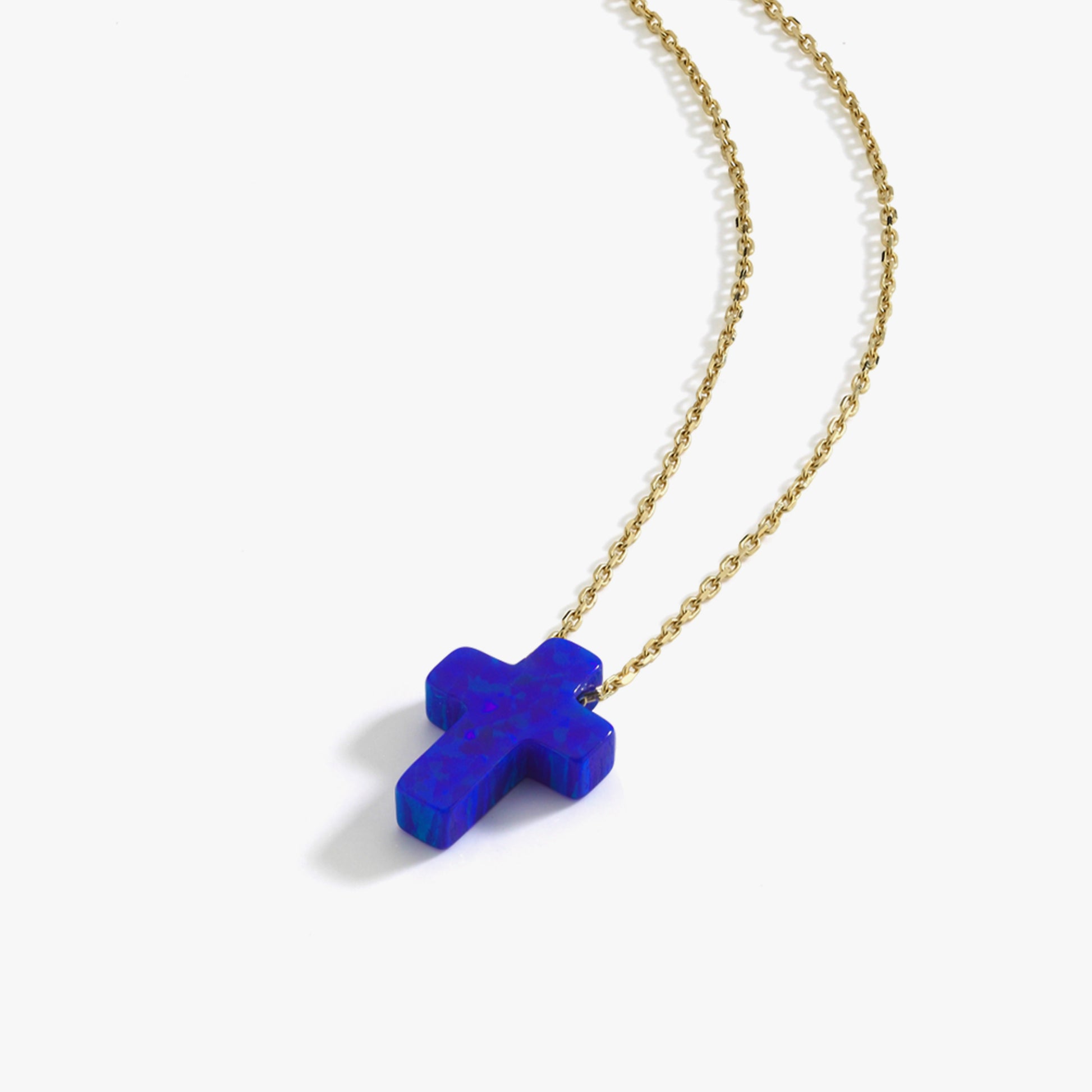 Dark Blue Opal Cross Necklace | 14K Solid Gold
