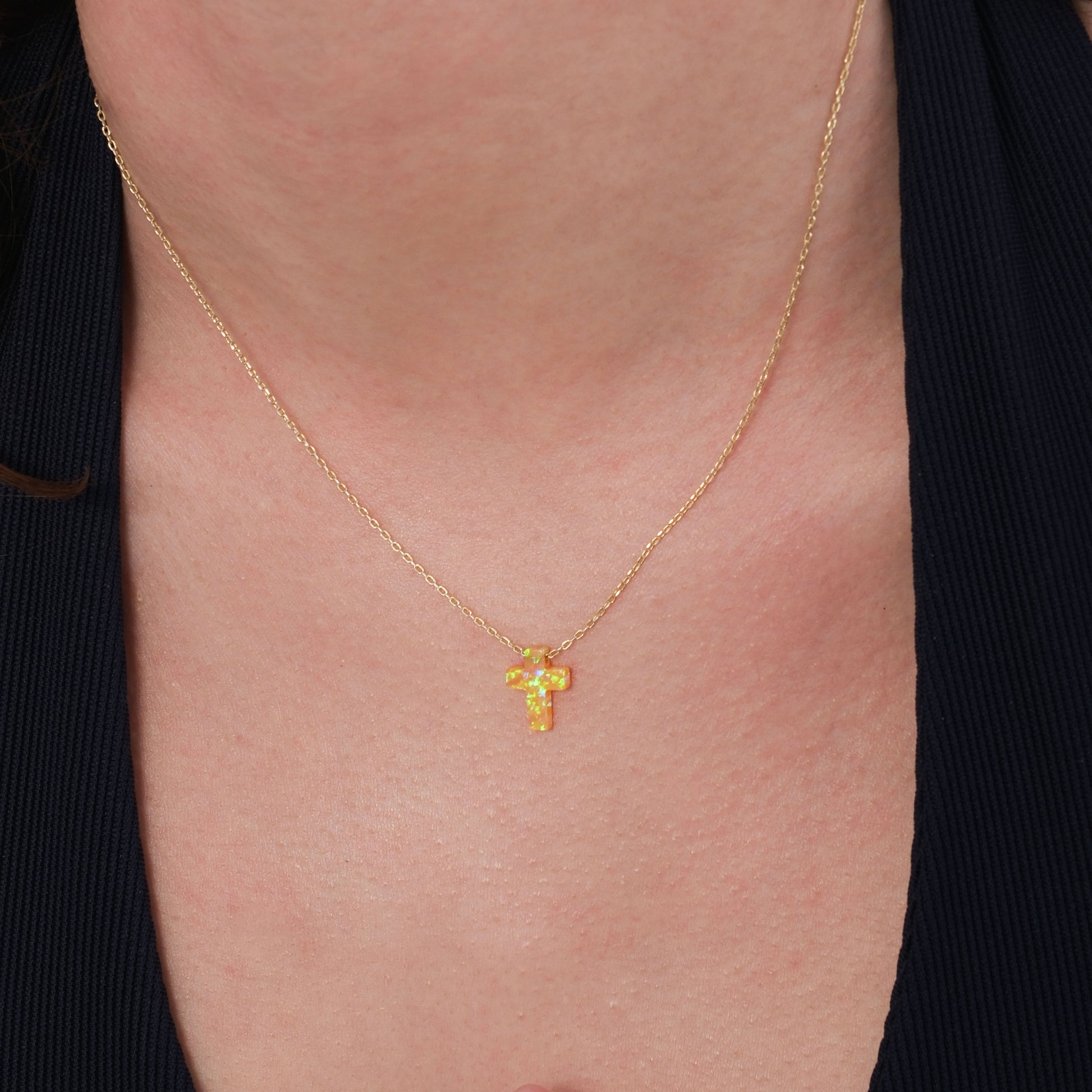 Orange Opal Cross Necklace | 14K Solid Gold