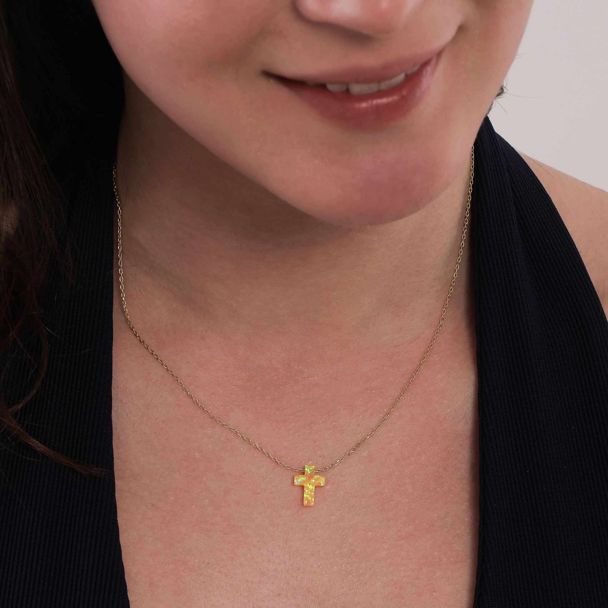 Orange Opal Cross Necklace | 14K Solid Gold