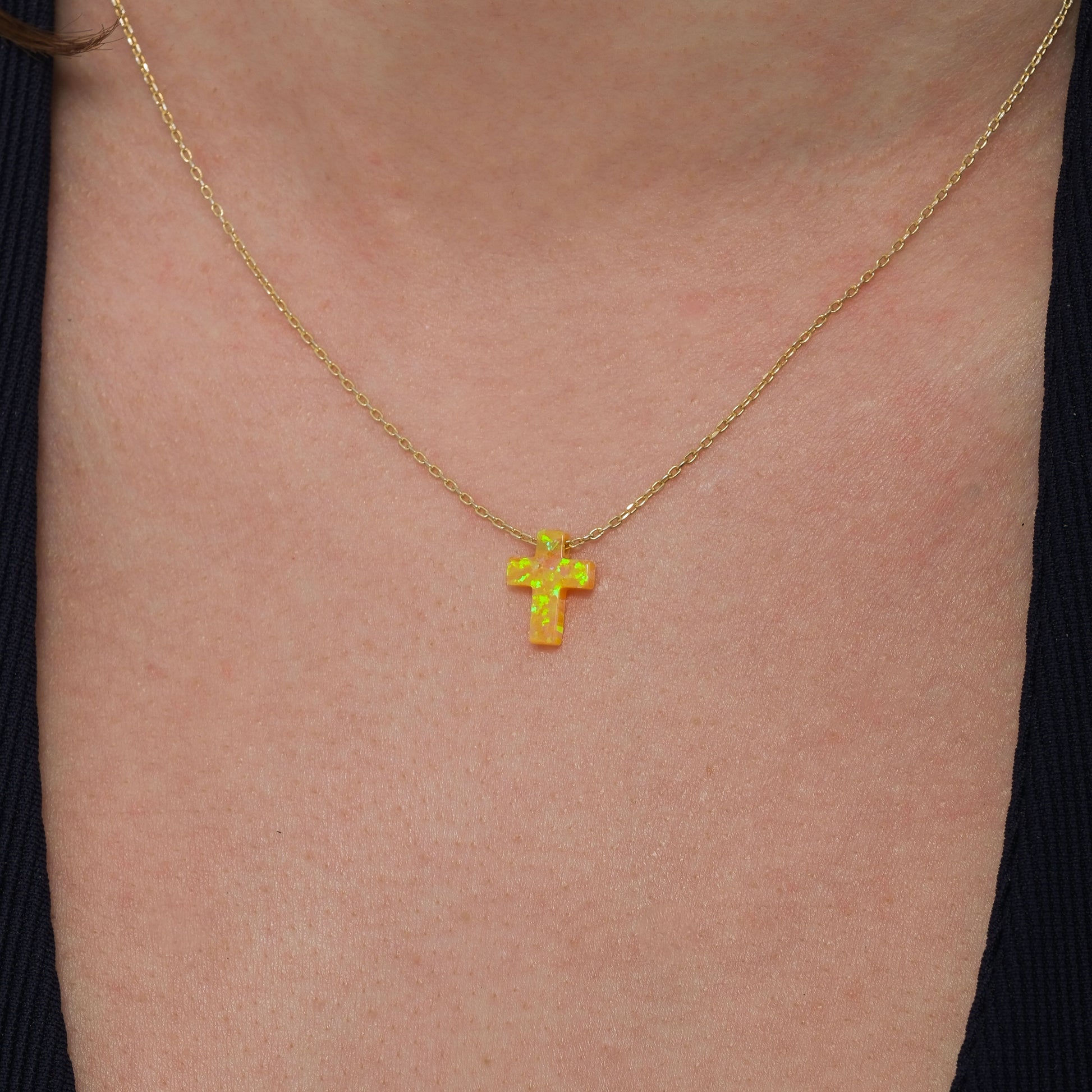 Orange Opal Cross Necklace | 14K Solid Gold