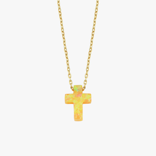 Orange Opal Cross Necklace | 14K Solid Gold