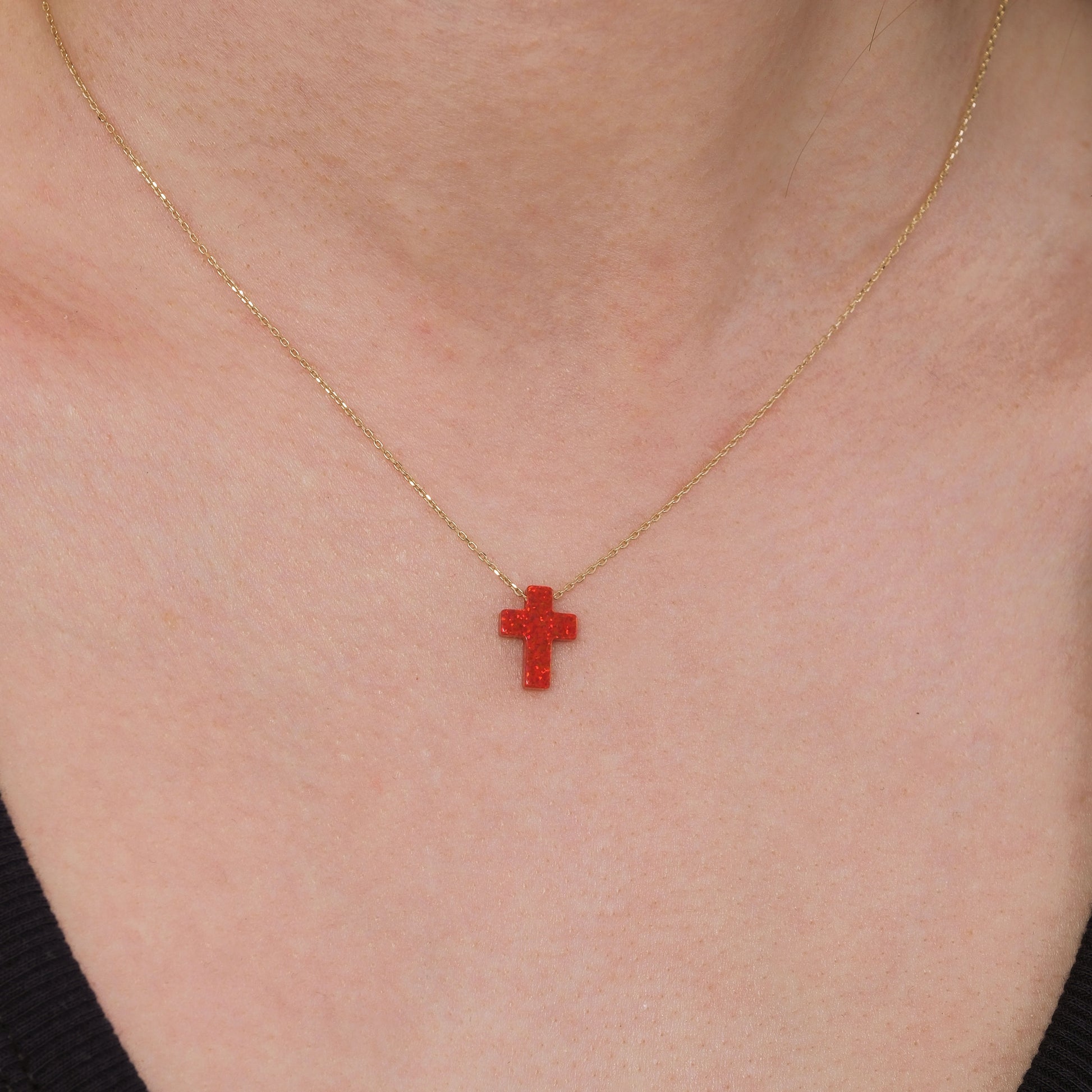 Red Opal Cross Necklace | 14K Solid Gold