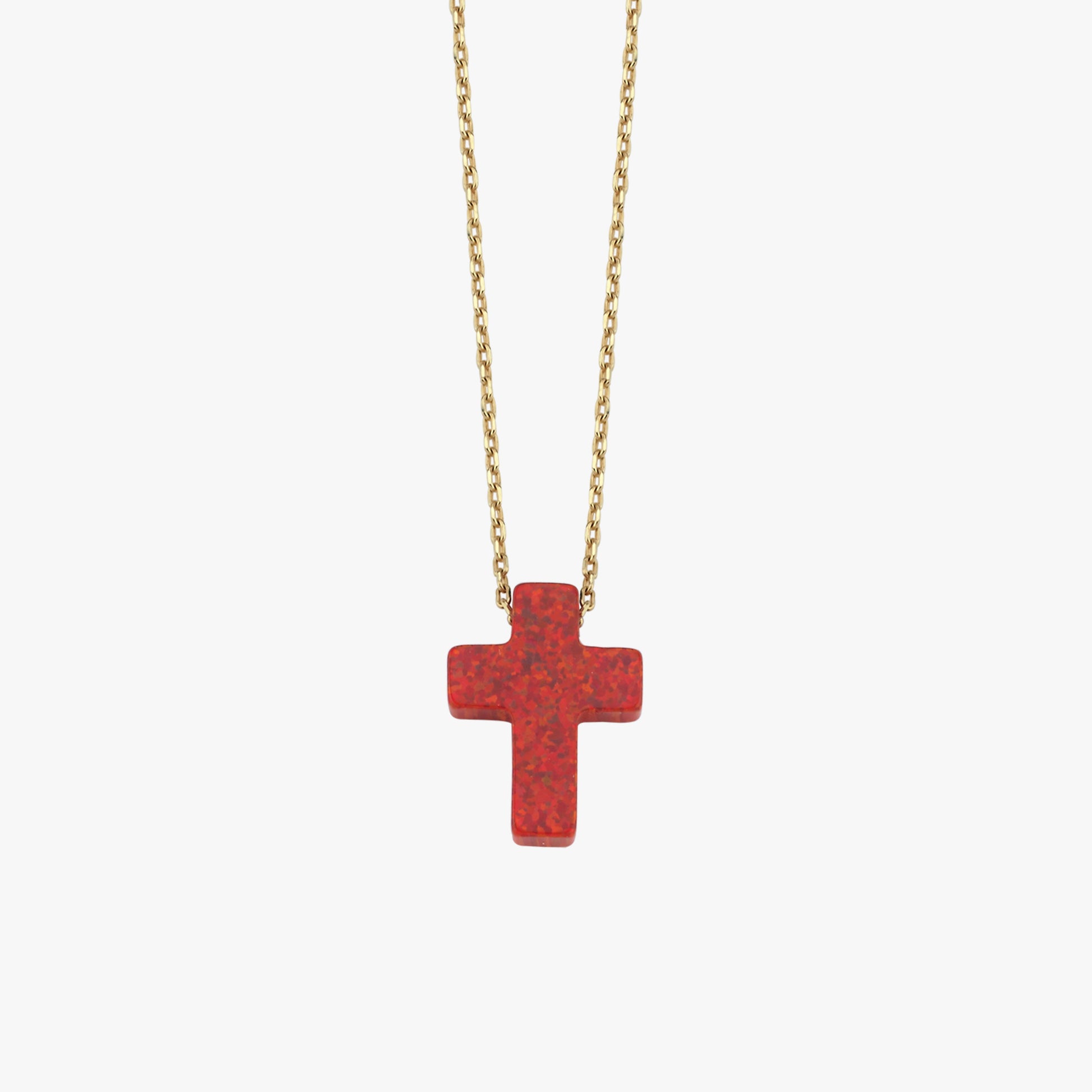 Red Opal Cross Necklace | 14K Solid Gold
