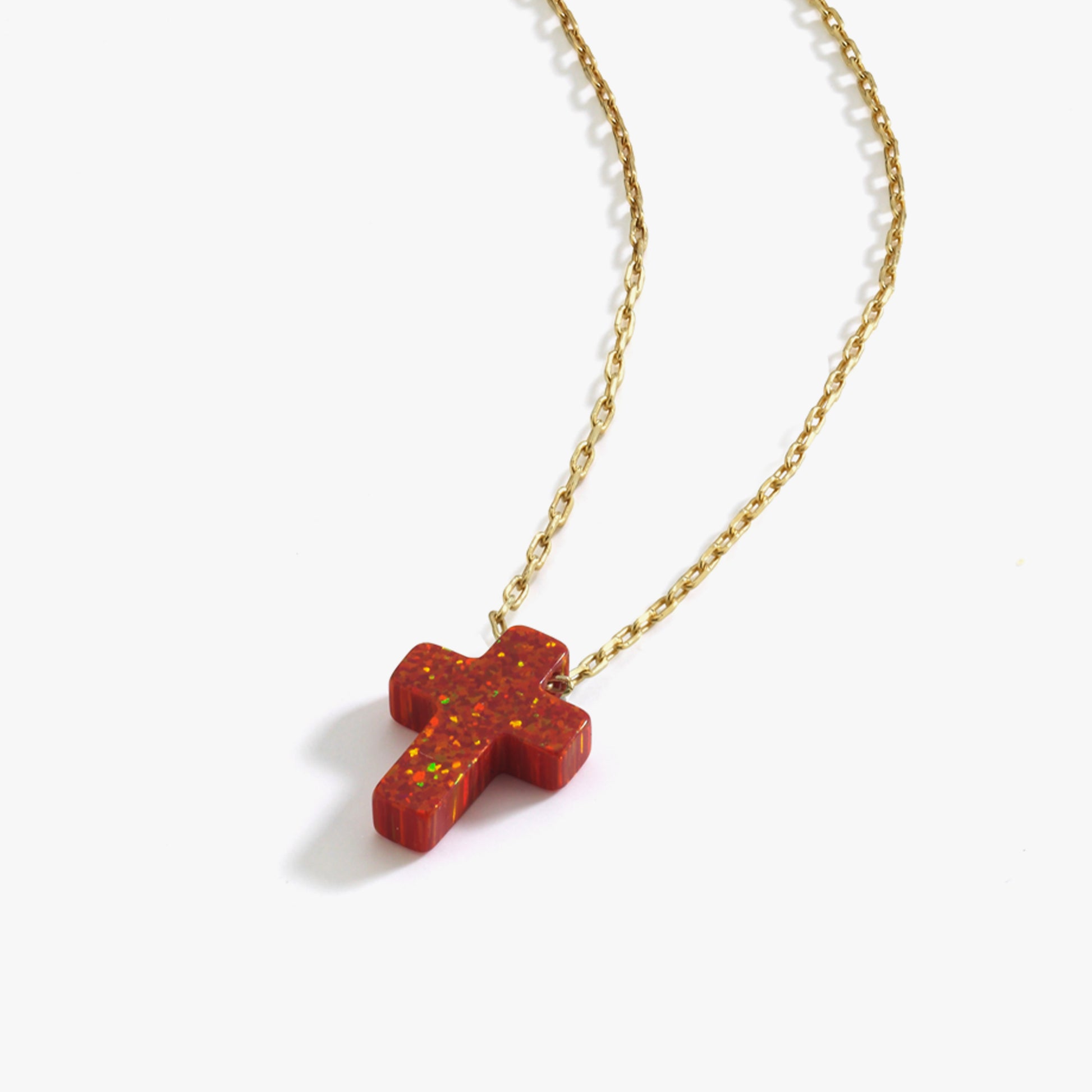 Red Opal Cross Necklace | 14K Solid Gold
