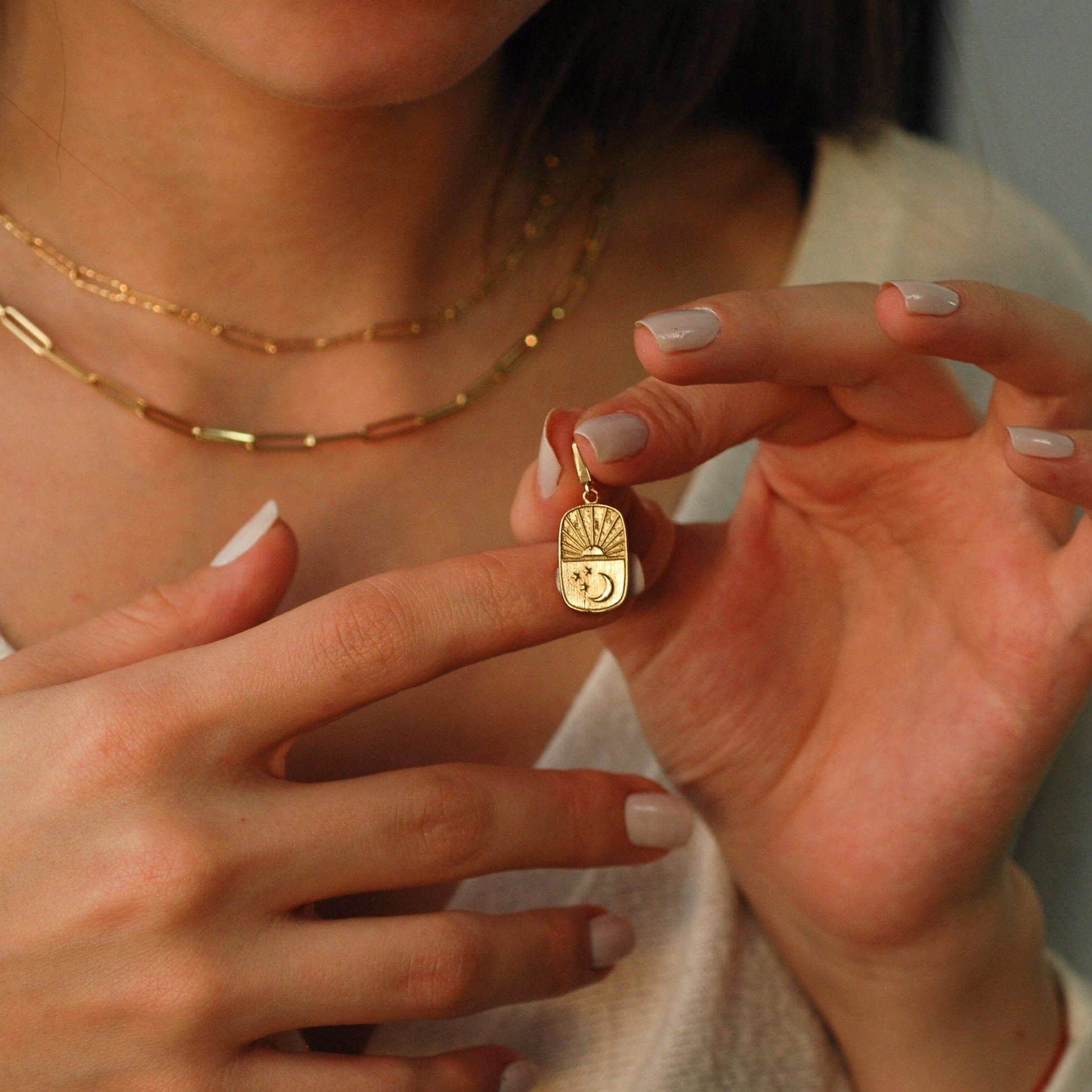 Moon and Star Charm | 14K Solid Gold - Mionza Jewelry-celestial jewelry, celestial necklace, charm earrings, christmas gift, crescent moon charm, geometric necklace, gold charm, gold charm bracelet, gold sun charm, gold sun necklace, square necklace, star charms, sun pendant