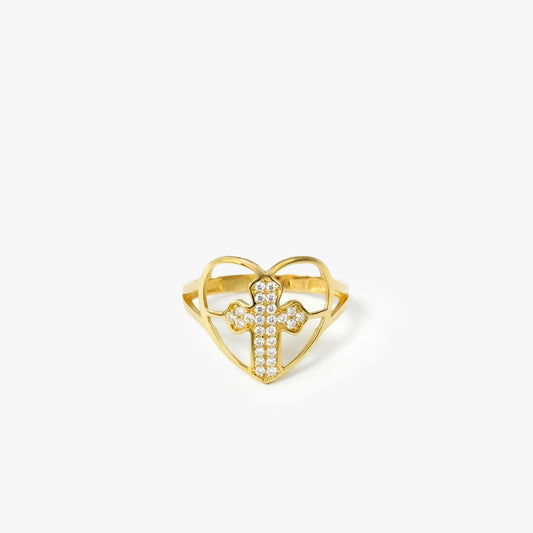 Pave Cross in Heart Ring | 14K Solid Gold