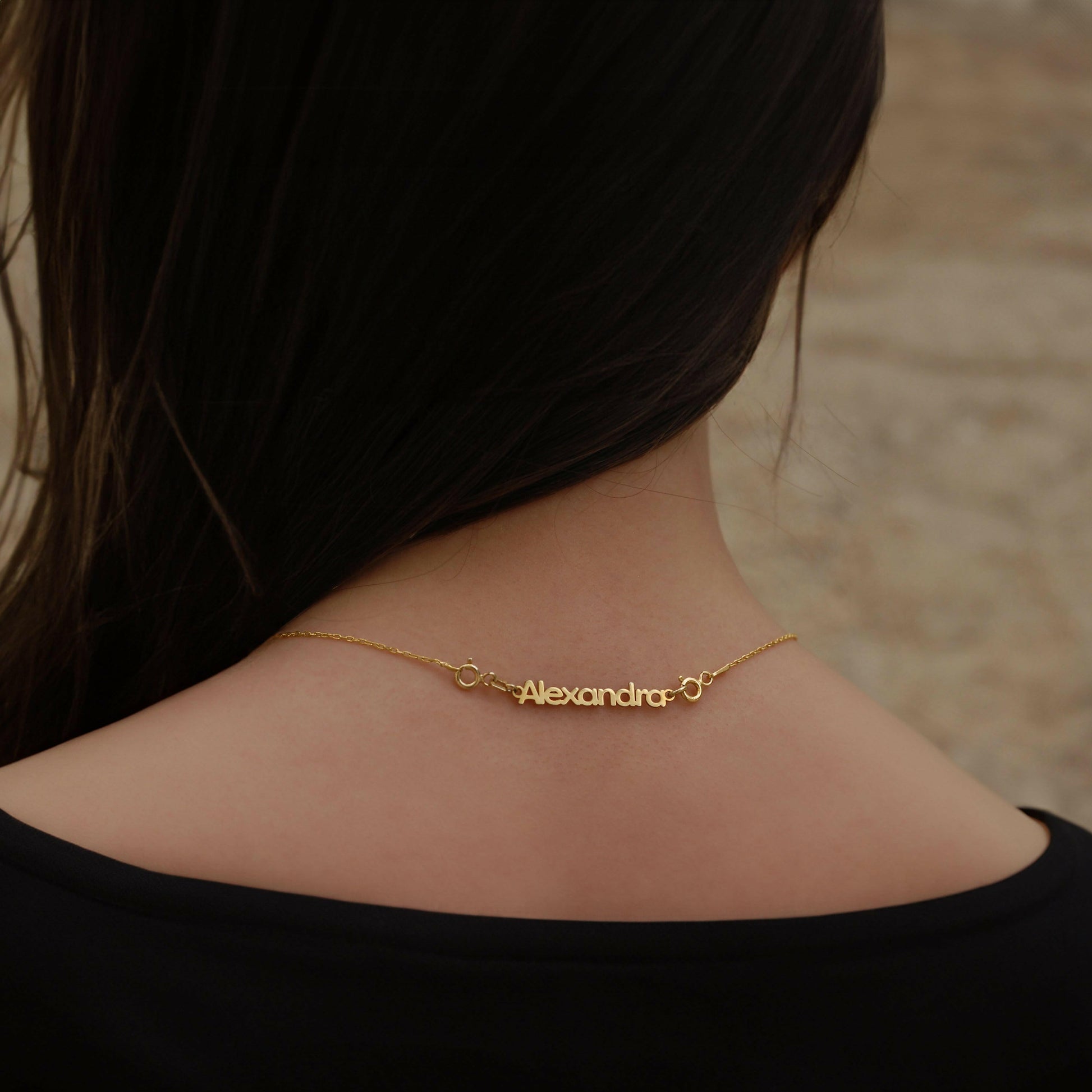 Personalized Name Tag Necklace Extender | 14K Solid Gold - Mionza Jewelry-add on bar tag charm, Chain extender tag, custom engrave charm, extender adjustable, extender bar tag, extender bracelet, extender chain, extender necklace, gold personalized necklace, inch extender, make bracelet longer, make necklace longer, necklace extend, personalized necklace, removable extender