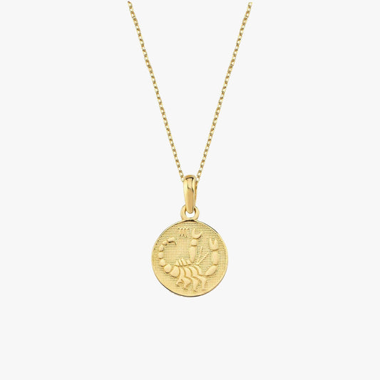 Scorpio Zodiac Necklace | 14K Solid Gold - Mionza Jewelry-aquarius necklace, astrology necklace, bestfriend gift, celestial necklace, custom necklace gift, gift for her, gold coin necklace, gold disc necklace, gold zodiac necklace, libra necklace, scorpio necklace, tarot necklace, zodiac charm