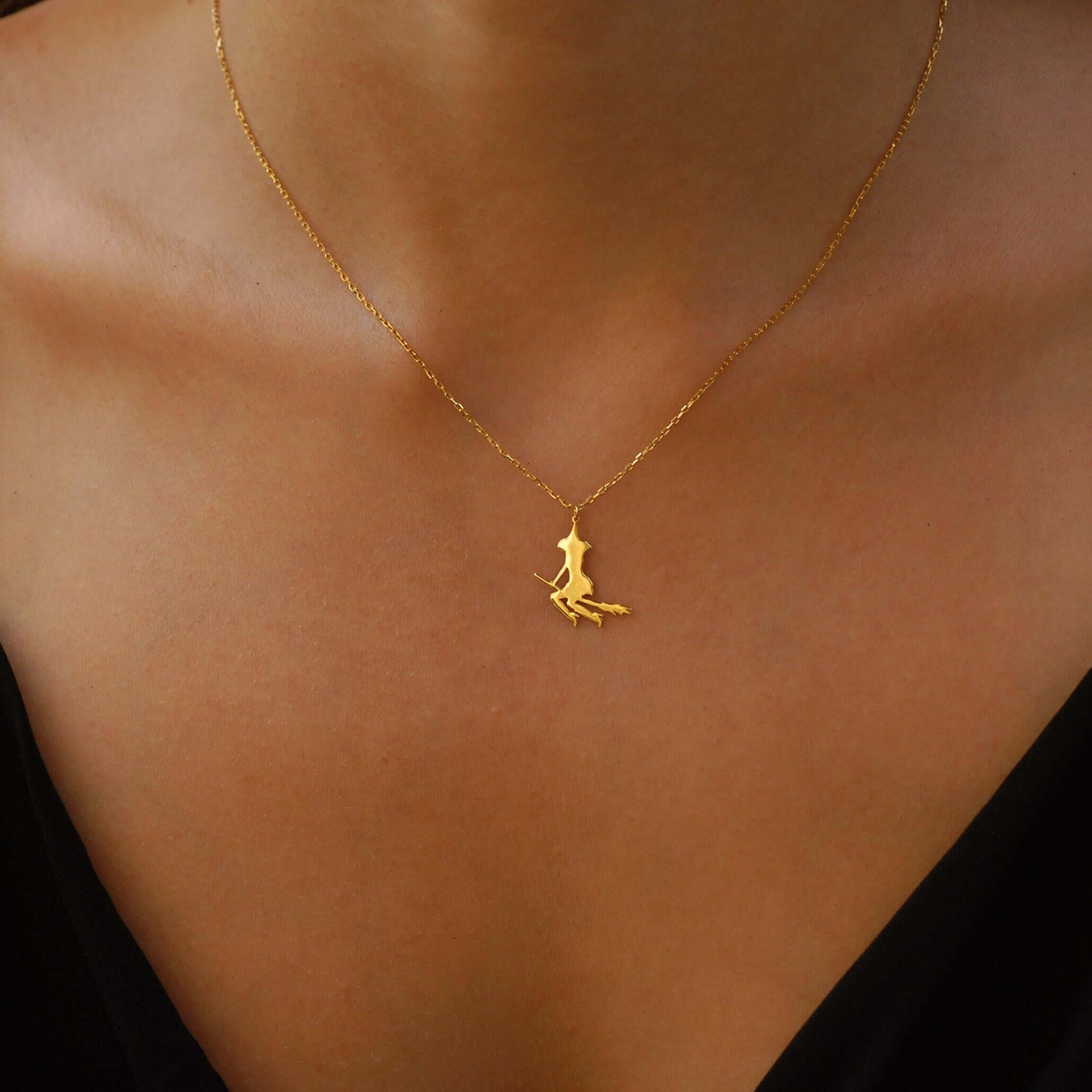 Witch Necklace | 14K Solid Gold - Mionza Jewelry-ghost necklace, goth necklace, gothic necklace, halloween jewelry, halloween necklace, halloween witch, trick or treat, witch and broom, witch jewelry, witch necklace, witch pendant, witchy necklace