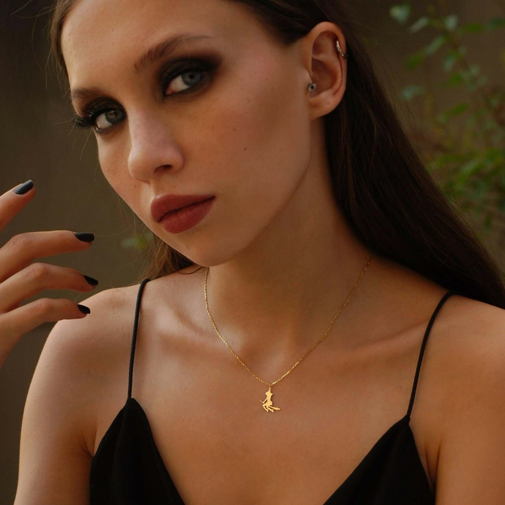 Witch Necklace | 14K Solid Gold - Mionza Jewelry-ghost necklace, goth necklace, gothic necklace, halloween jewelry, halloween necklace, halloween witch, trick or treat, witch and broom, witch jewelry, witch necklace, witch pendant, witchy necklace