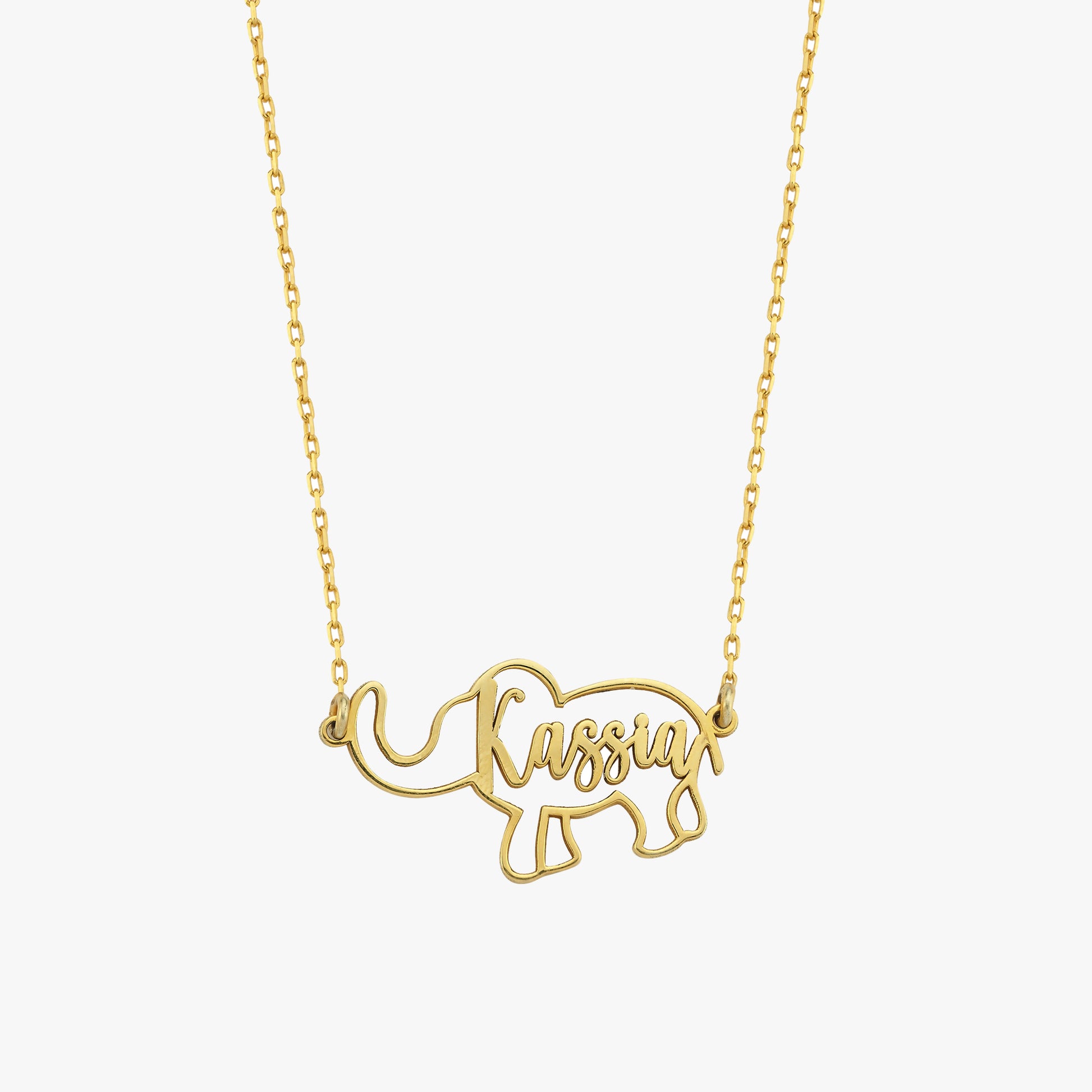 Gold elephant-shaped necklace with custom cursive name, elegant personalized jewelry on a delicate chain.