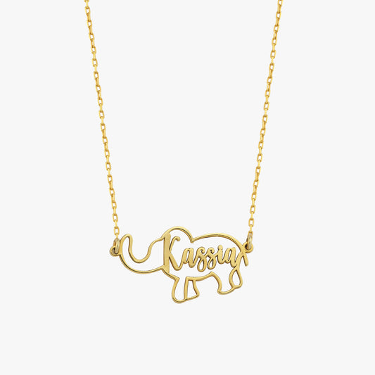 Gold elephant-shaped necklace with custom cursive name, elegant personalized jewelry on a delicate chain.