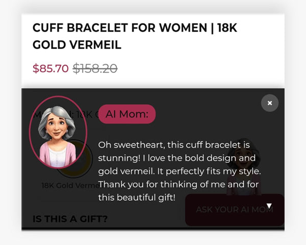Interactive AI Mom chat recommending a gold cuff bracelet with a heartfelt message – personalized Mother's Day jewelry shopping assistant