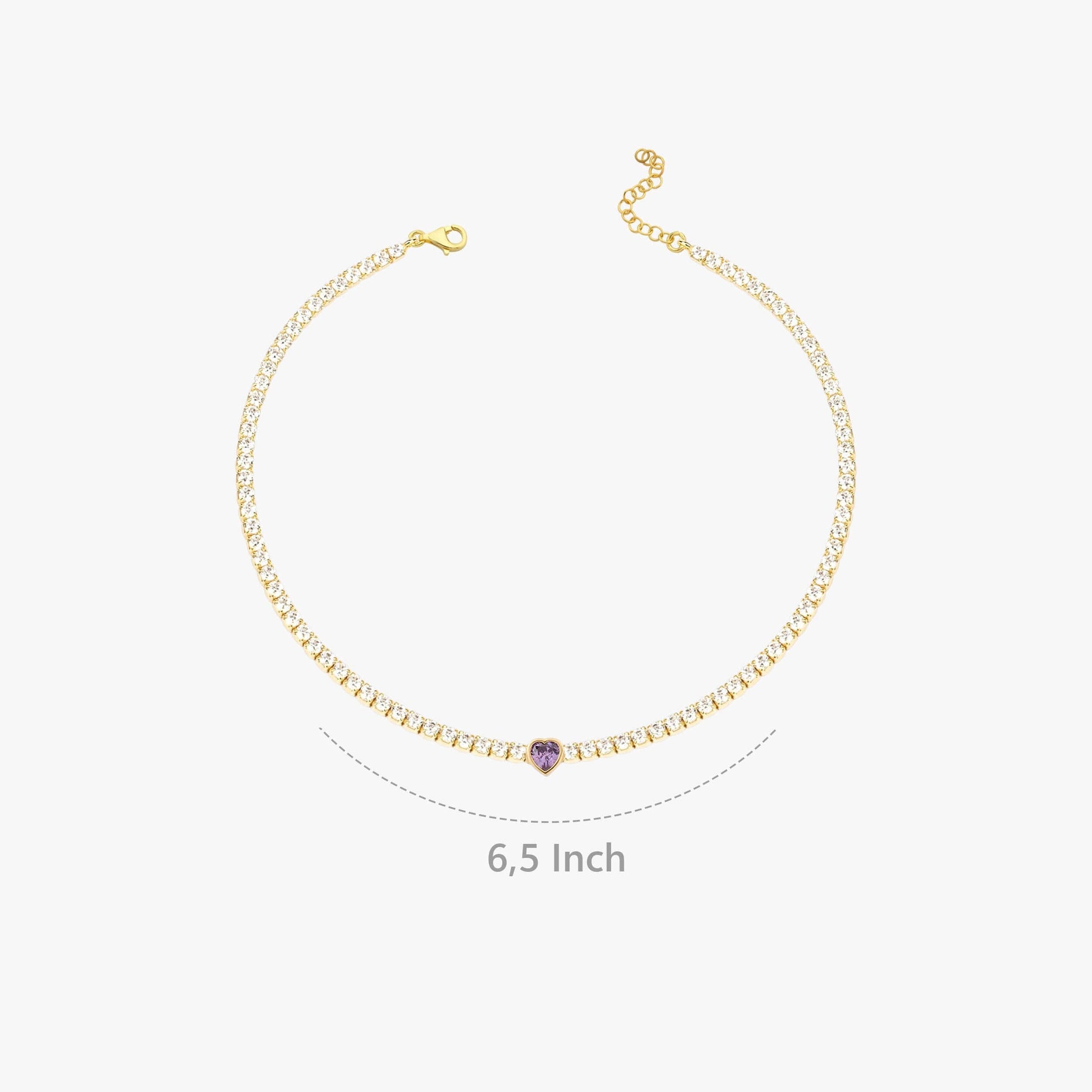 18K Yellow Gold Vermeil Heart Tennis Bracelet, Amethyst Bracelet, 2mm Tennis Bracelet with Heart, Love Bracelet, Anniversary Gift for Her